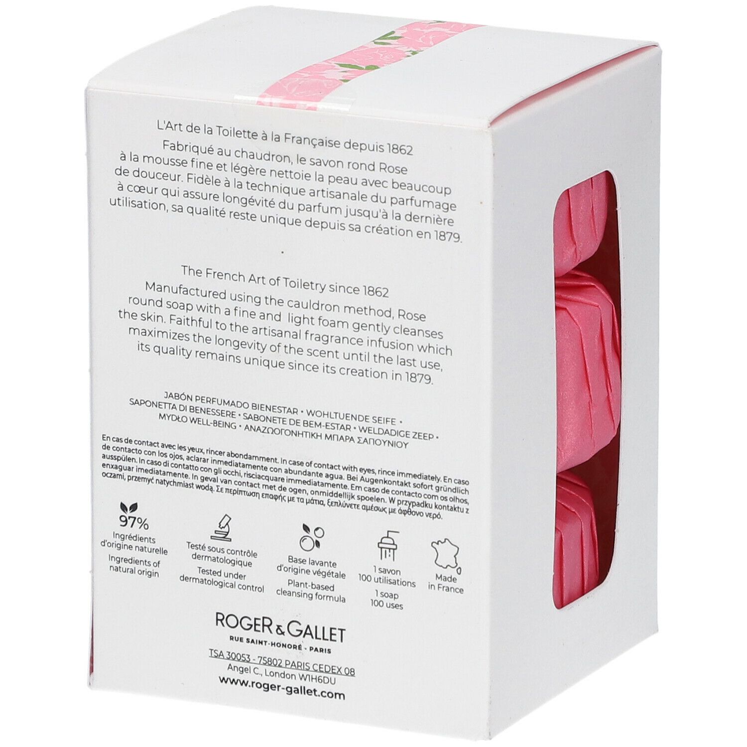 Boîte blanche avec informations produit et logo. Dos avec texte multilingue. Motif de roses sur l'emballage.