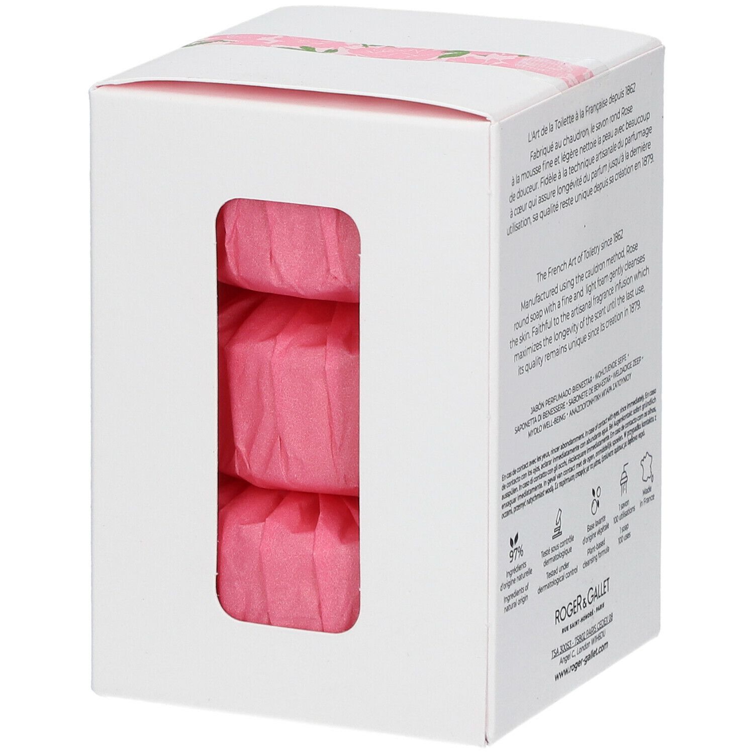 Boîte blanche avec informations produit et logo. Dos avec texte multilingue. Motif de roses sur l'emballage.