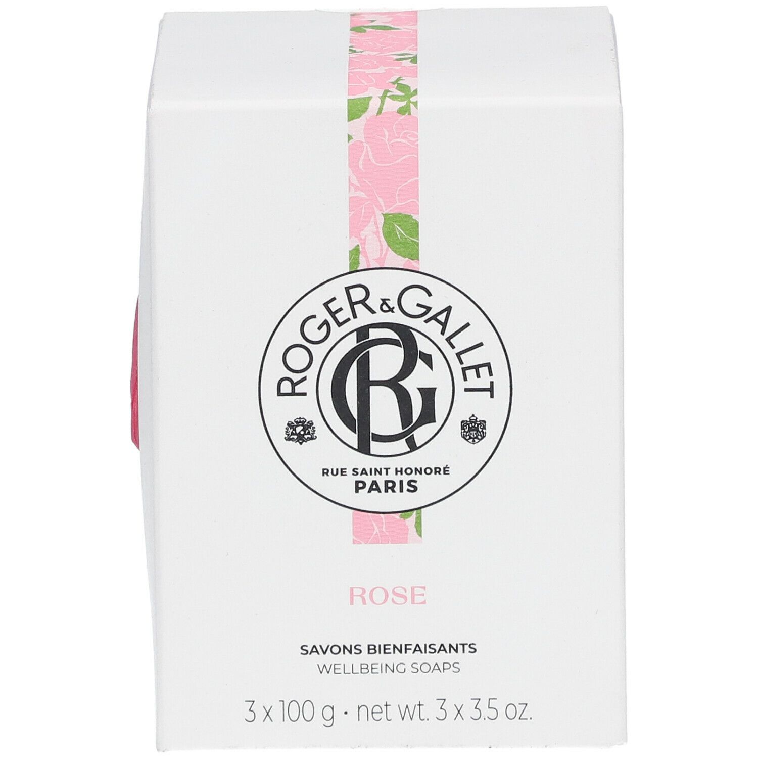 Boîte blanche avec logo et nom du produit ROSE. Emballage à motifs de roses. Texte: 3 x 100 g.