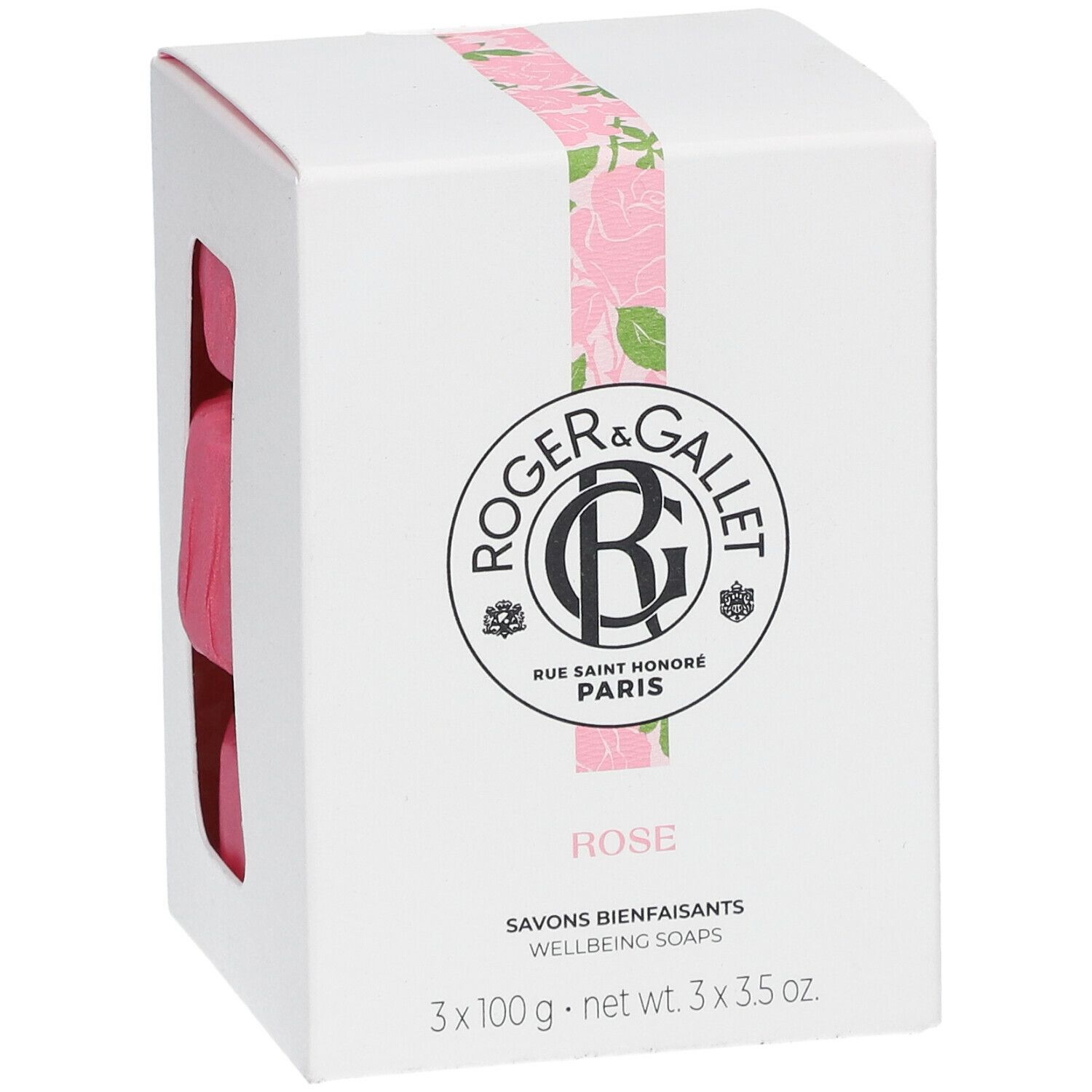 Boîte blanche avec logo et nom du produit ROSE. Fenêtre montrant trois savons roses. Emballage à motifs de roses.