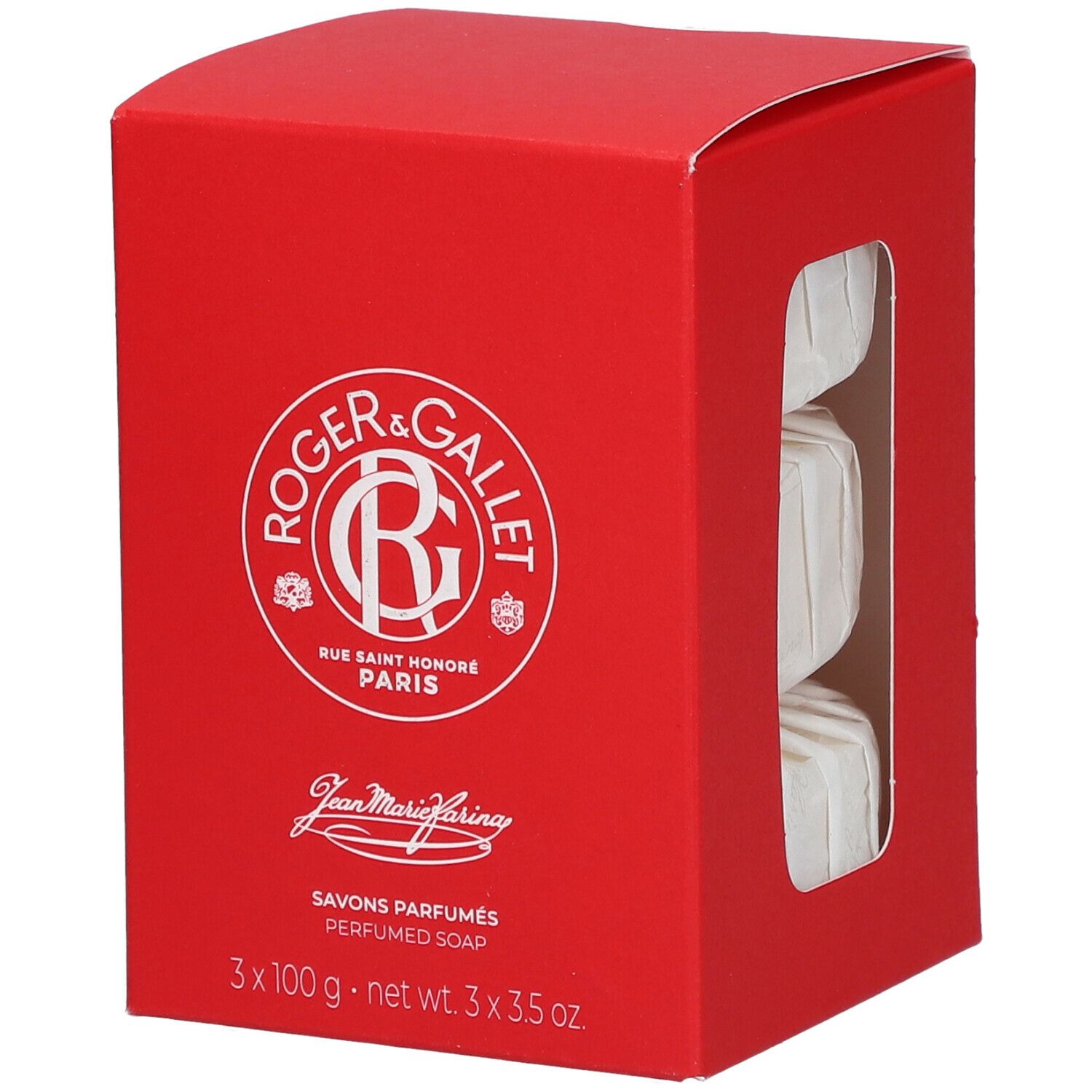 Rode doos met drie zepen. Logo Roger & Gallet. Tekst: Savons Parfumés, 3 x 100 g.