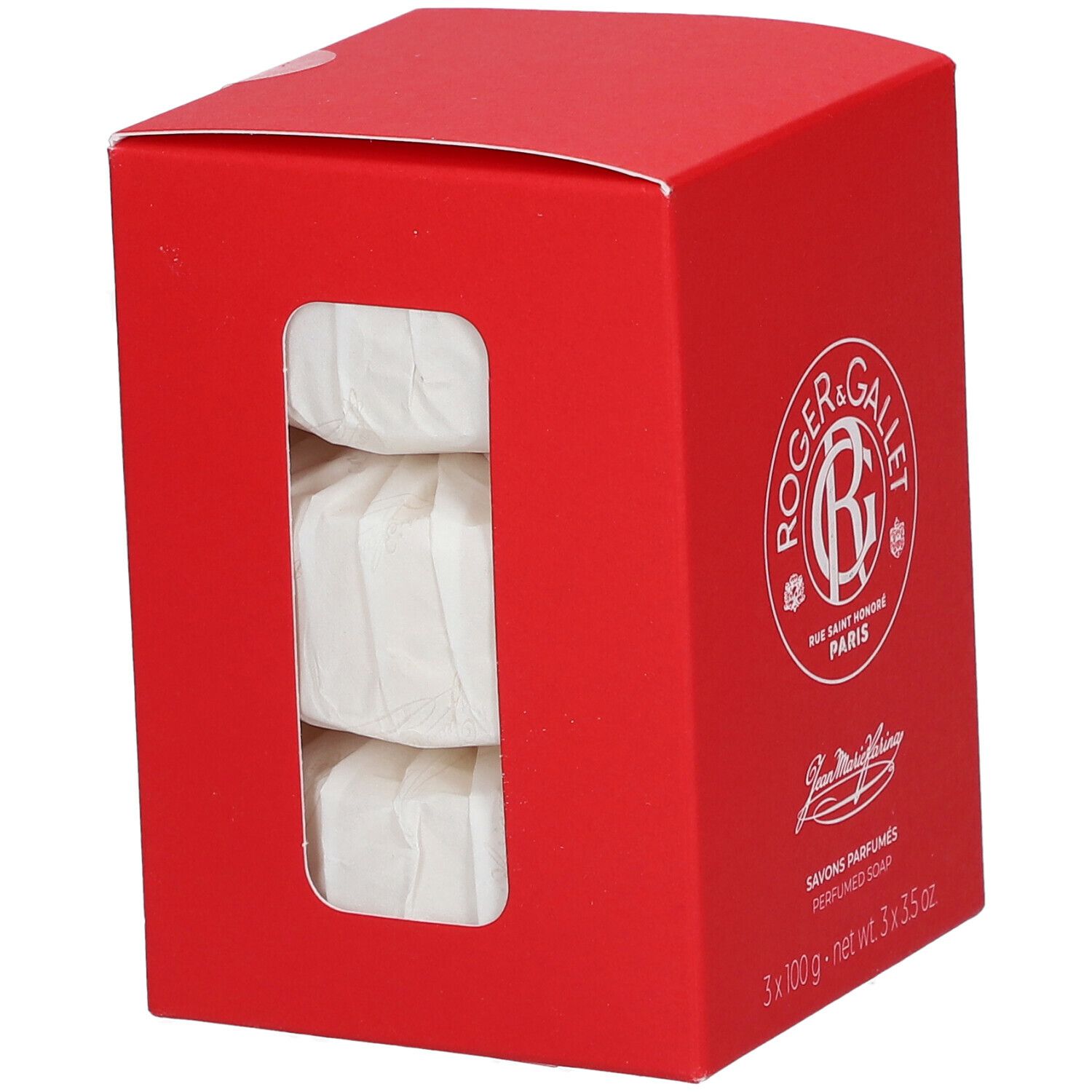 Rode doos met drie zepen. Logo Roger & Gallet. Venster toont zepen.