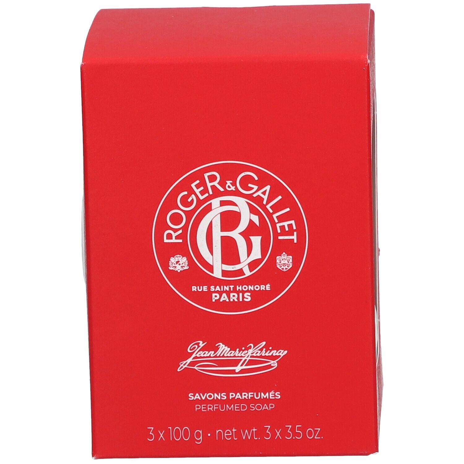 Rode doos. Logo Roger & Gallet. Tekst: Savons Parfumés, 3 x 100 g.