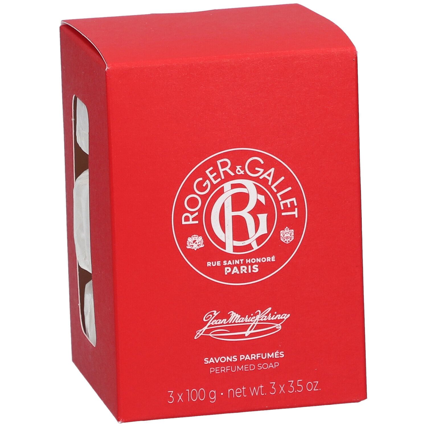 Rode doos met drie zepen. Logo Roger & Gallet. Venster toont zepen.