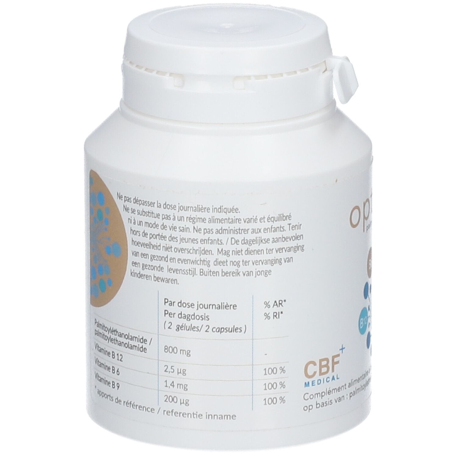 Dos du flacon blanc. Informations sur les ingrédients et les valeurs nutritionnelles. Logo CBF+ MEDICAL.