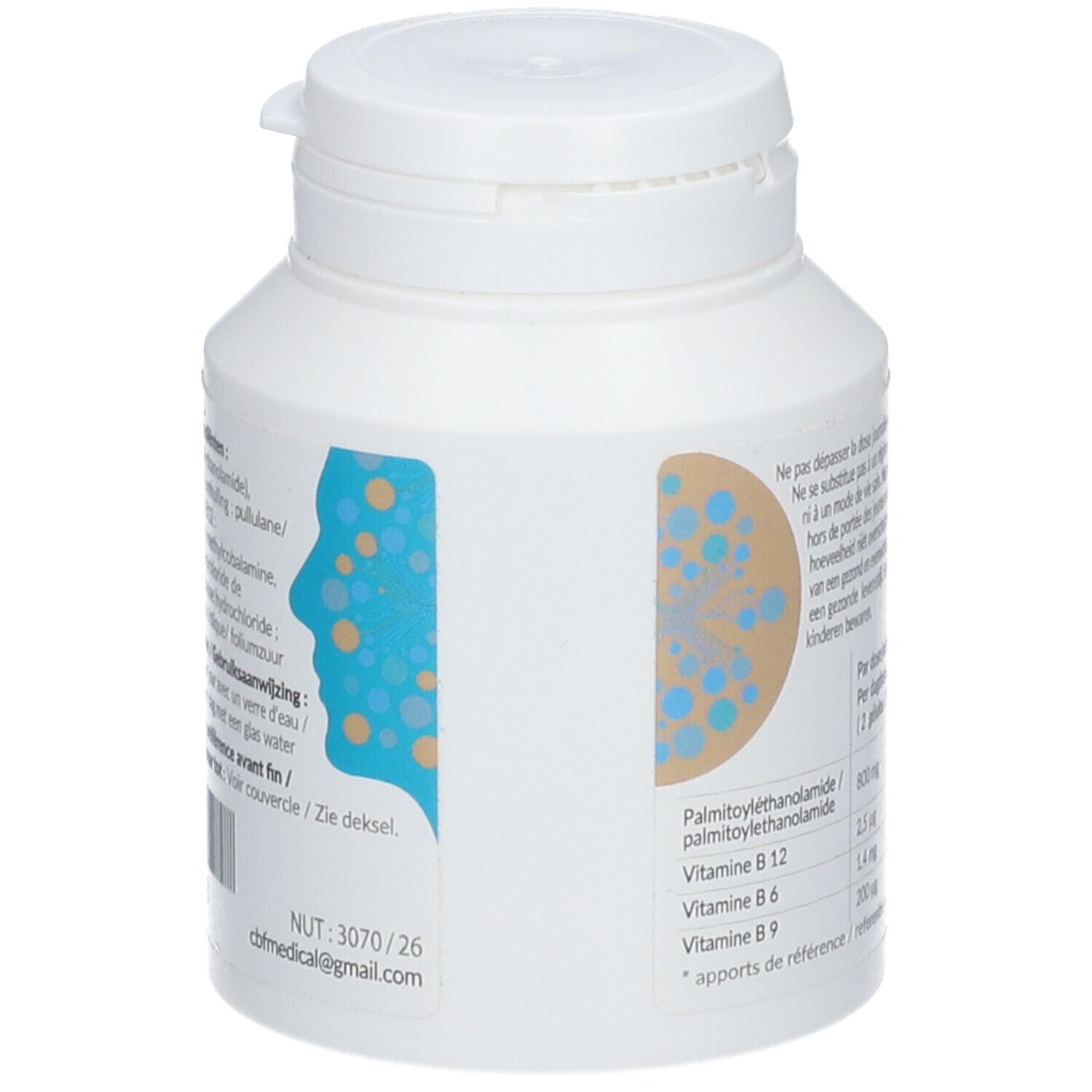 Flacon blanc, vue latérale. Informations sur les ingrédients et les valeurs nutritionnelles. Logo CBF+ MEDICAL.