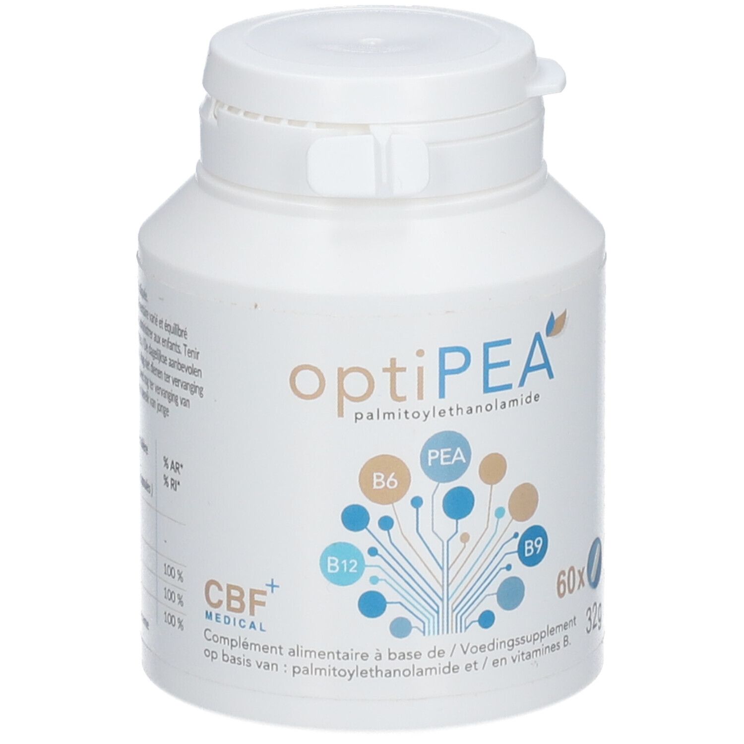 Flacon blanc "optiPEA palmitoylethanolamide". Contient 60 gélules. Logo CBF+ MEDICAL. Inscription en plusieurs langues.