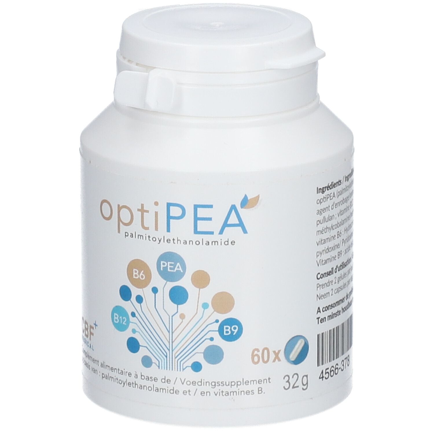 Flacon blanc "optiPEA palmitoylethanolamide". Contient 60 gélules. Logo CBF+ MEDICAL. Inscription en plusieurs langues.