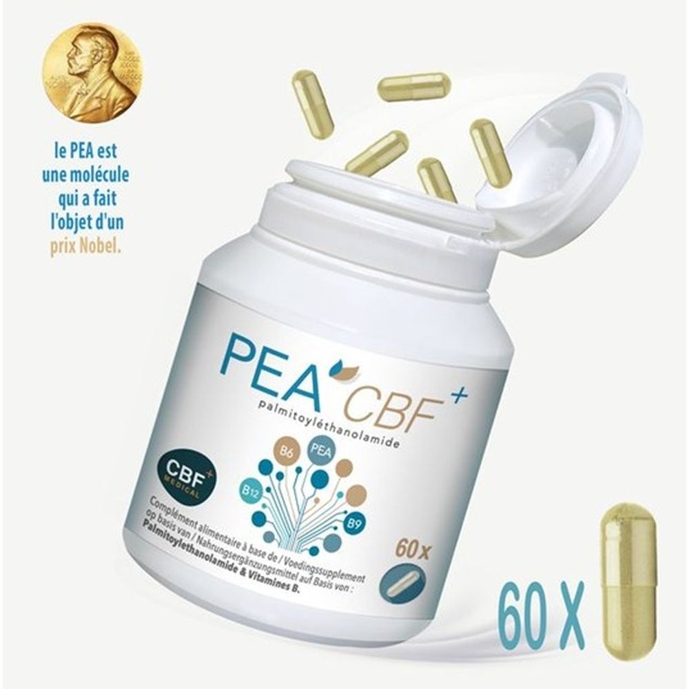 Pot blanc PEA CBF+ Palmitoylethanolamide, avec des gélules tombant. "Le PEA est une molécule qui a fait l'objet d'un prix Nobel."