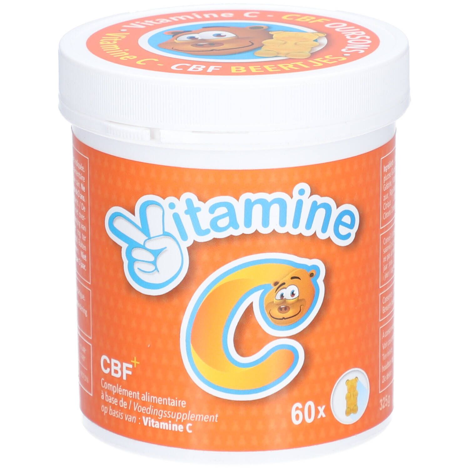 Pot CBF Vitamine C Oursons. Oranje achtergrond, witte deksel. Opschrift: Vitamine C, 60x.