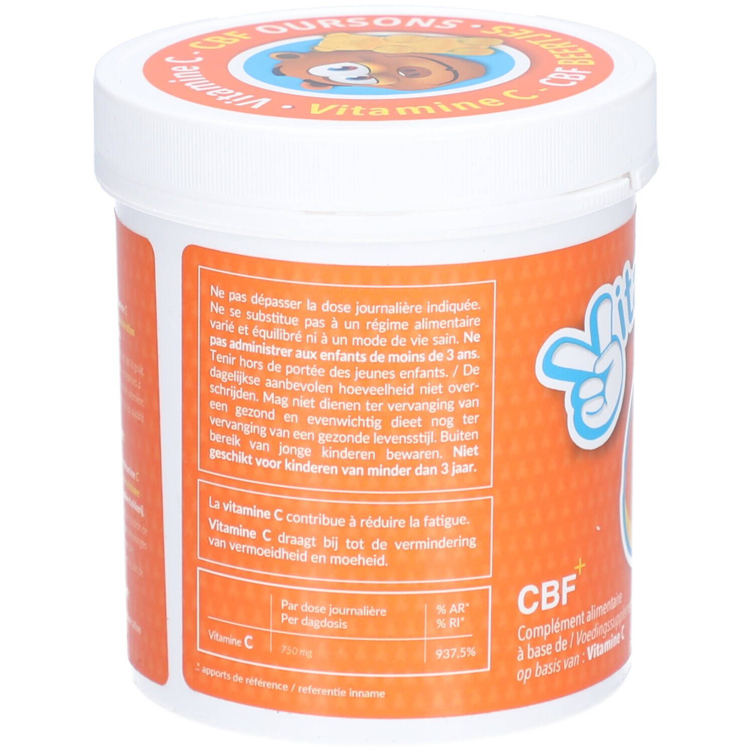 Achterkant pot CBF Vitamine C Oursons. Meertalige tekst. Bevat informatie over dosering.