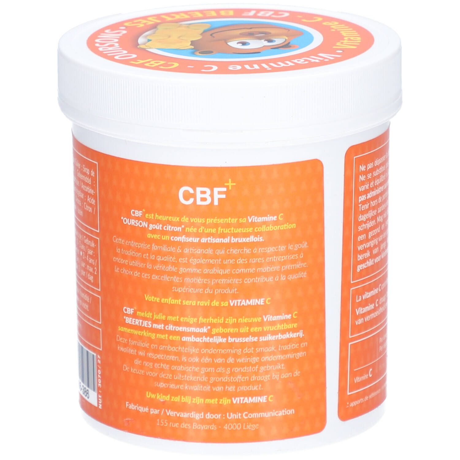 Achterkant pot CBF Vitamine C Oursons. Meertalige tekst. Bevat informatie over het product.