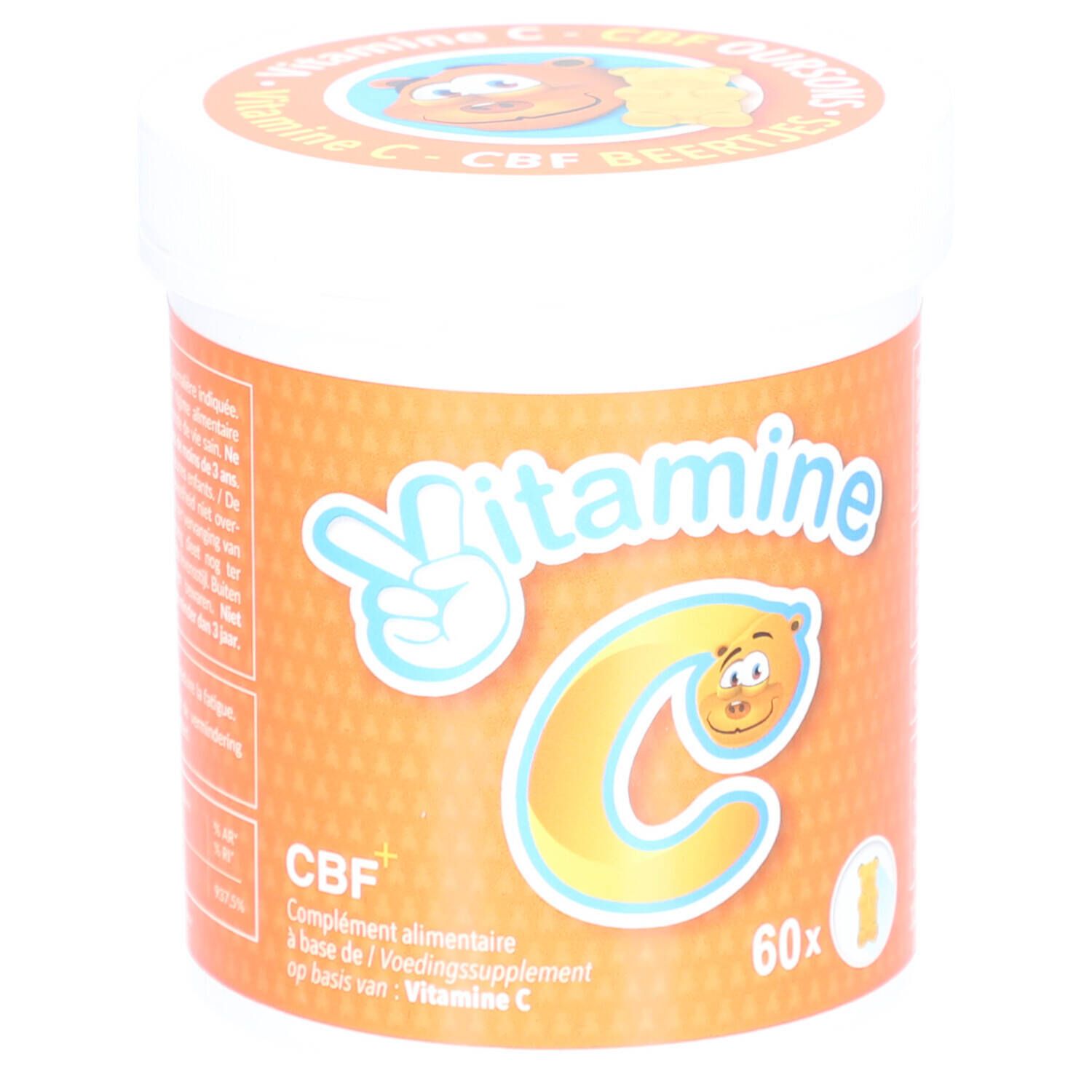 Pot CBF Vitamine C Oursons. Oranje achtergrond, witte deksel. Opschrift: Vitamine C, 60x.