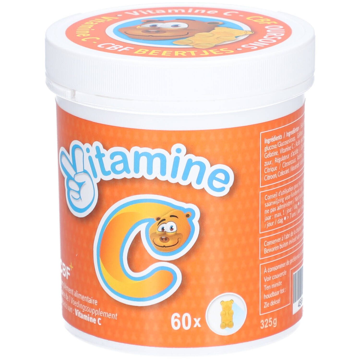 Pot CBF Vitamine C Oursons. Oranje achtergrond, witte deksel. Opschrift: Vitamine C, 60x, 325g.