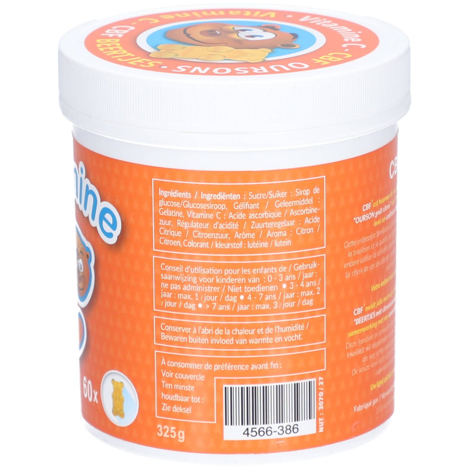 Achterkant pot CBF Vitamine C Oursons. Meertalige tekst. Bevat informatie over het product.
