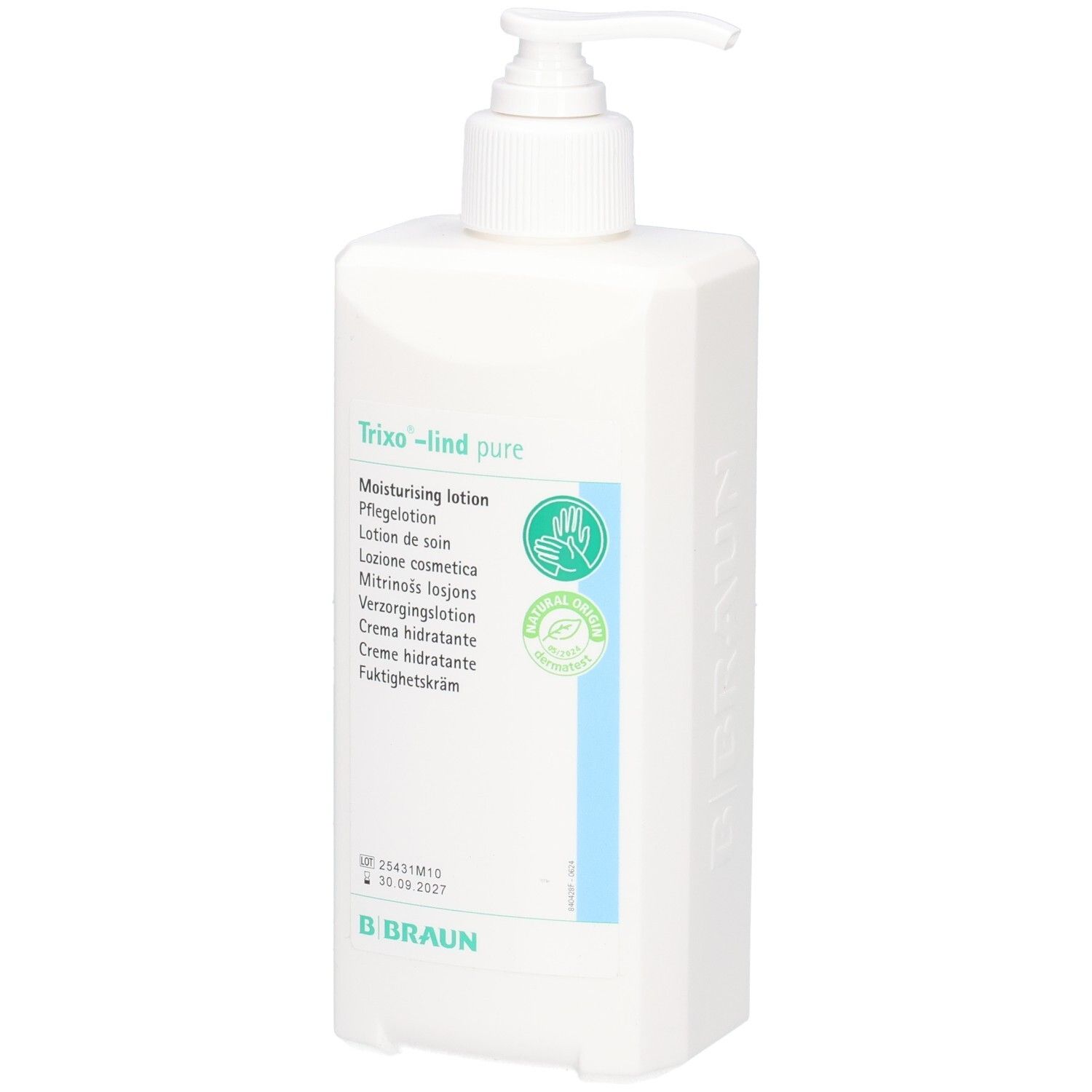 Weiße Spenderflasche mit Dosierpumpe, Trixo-lind pure Moisturising Lotion.