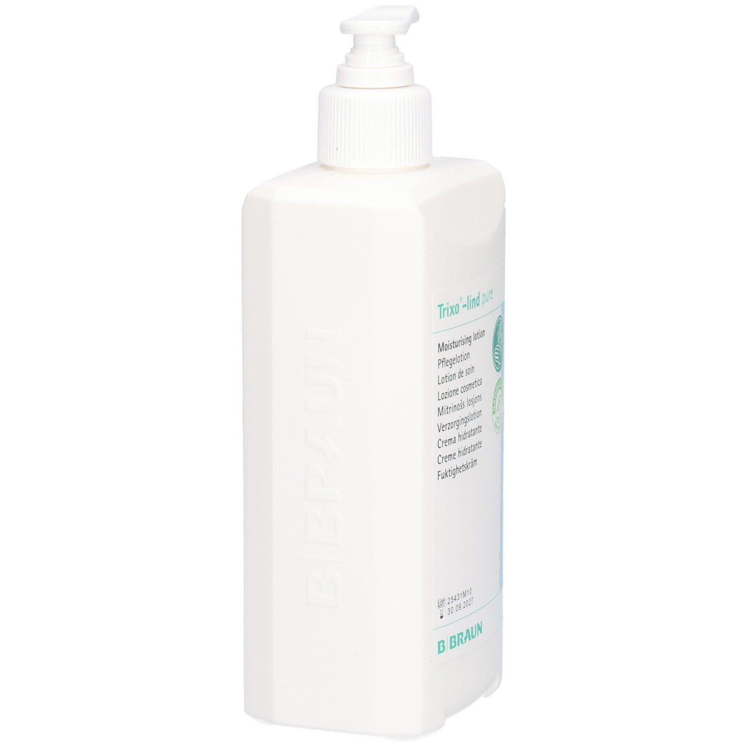 Weiße Spenderflasche mit Dosierpumpe, Rückseite mit Produktinformationen.
