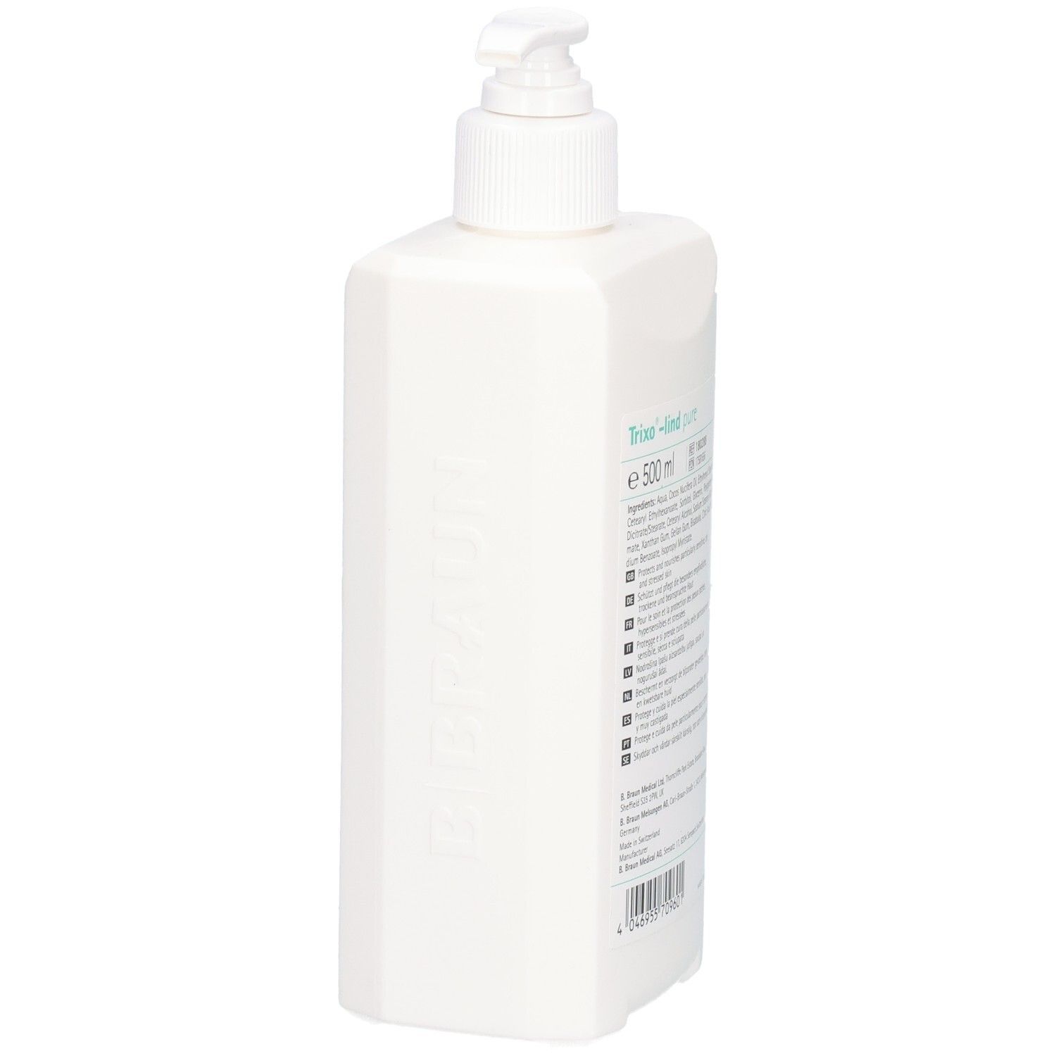 Seitenansicht einer weißen Spenderflasche mit Dosierpumpe, Trixo-lind pure.