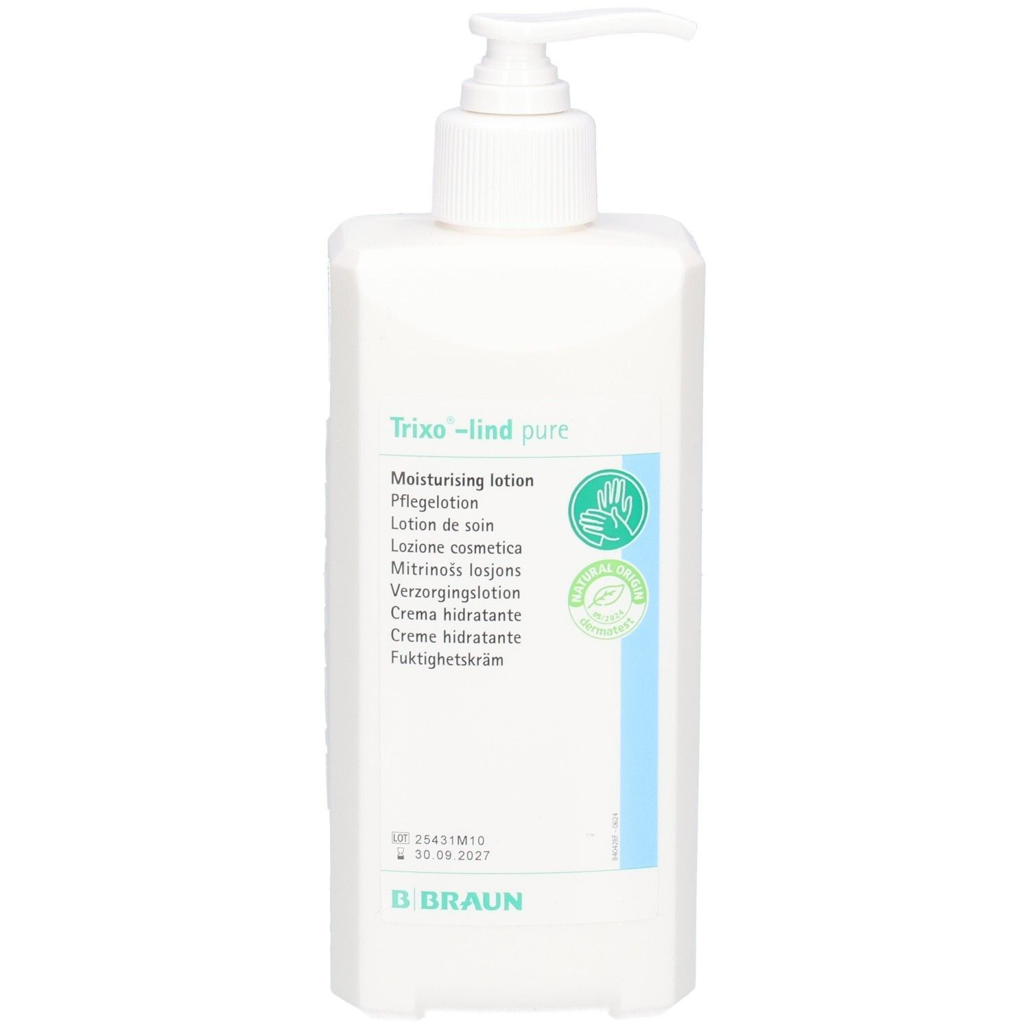 Weiße Spenderflasche mit Dosierpumpe, Trixo-lind pure Moisturising Lotion.