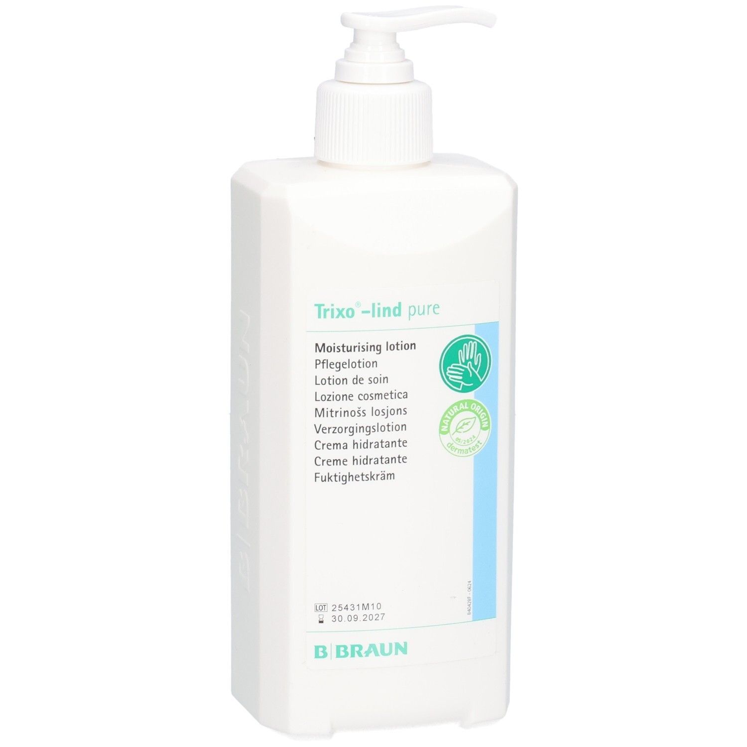 Weiße Spenderflasche mit Dosierpumpe, Trixo-lind pure Moisturising Lotion.