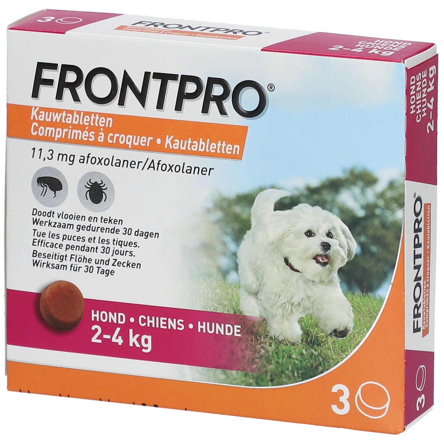 Boîte de FRONTPRO comprimés à croquer pour chiens 2-4 kg. Contient 30 comprimés. Un chien est représenté sur l'emballage.