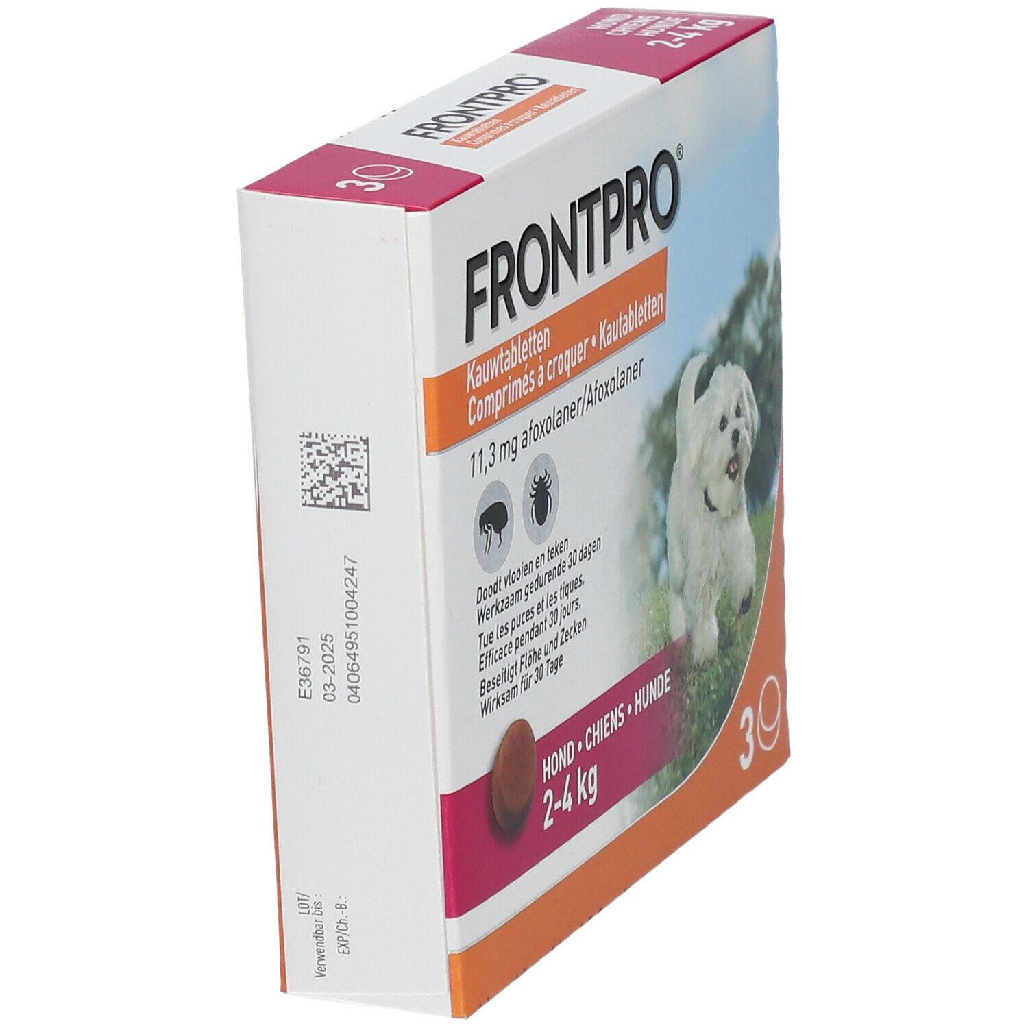 Vue latérale de l'emballage FRONTPRO pour chiens 2-4 kg. Contient 30 comprimés. Texte et un chien sont visibles.
