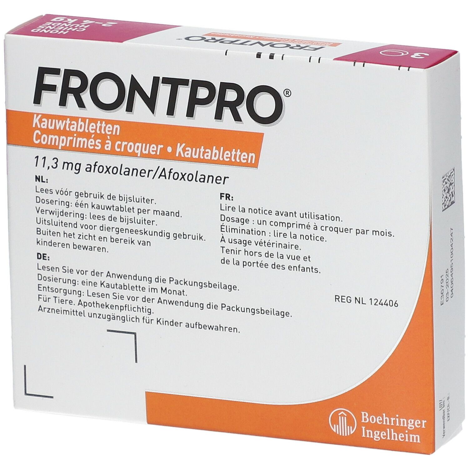 Emballage FRONTPRO avec texte en allemand, français et néerlandais. Contient des informations sur l'utilisation et les ingrédients.