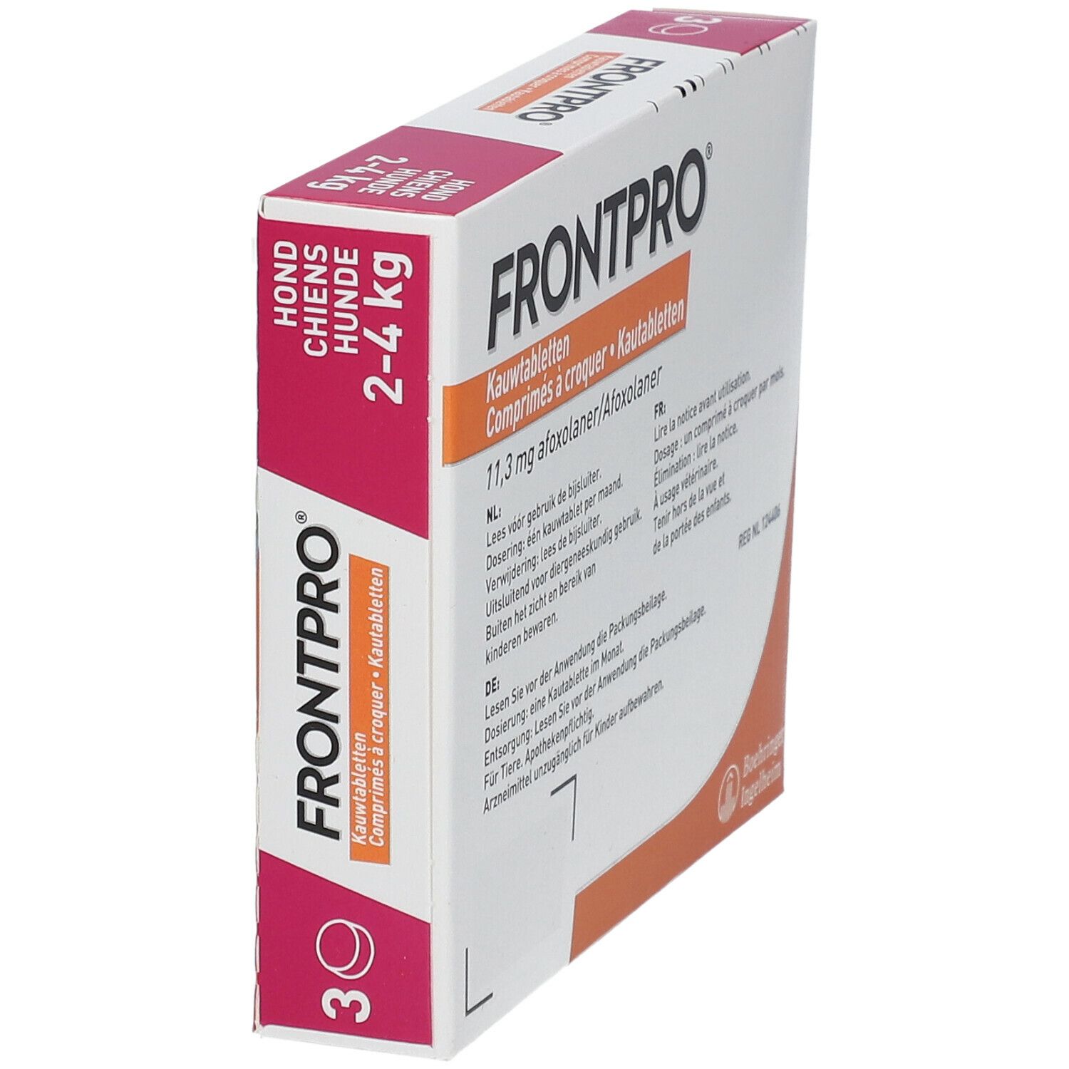 Vue latérale de l'emballage FRONTPRO pour chiens 2-4 kg. Texte en allemand, français et néerlandais est visible.