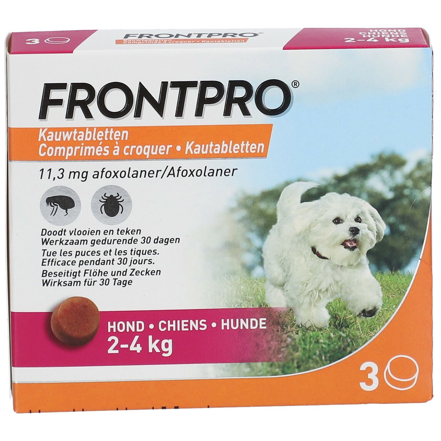 Emballage FRONTPRO avec 30 comprimés à croquer pour chiens 2-4 kg. Un chien et un comprimé sont représentés.