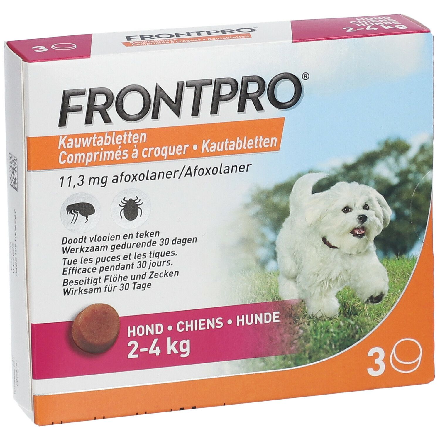 Emballage FRONTPRO avec 30 comprimés à croquer pour chiens 2-4 kg. Un chien et un comprimé sont représentés.