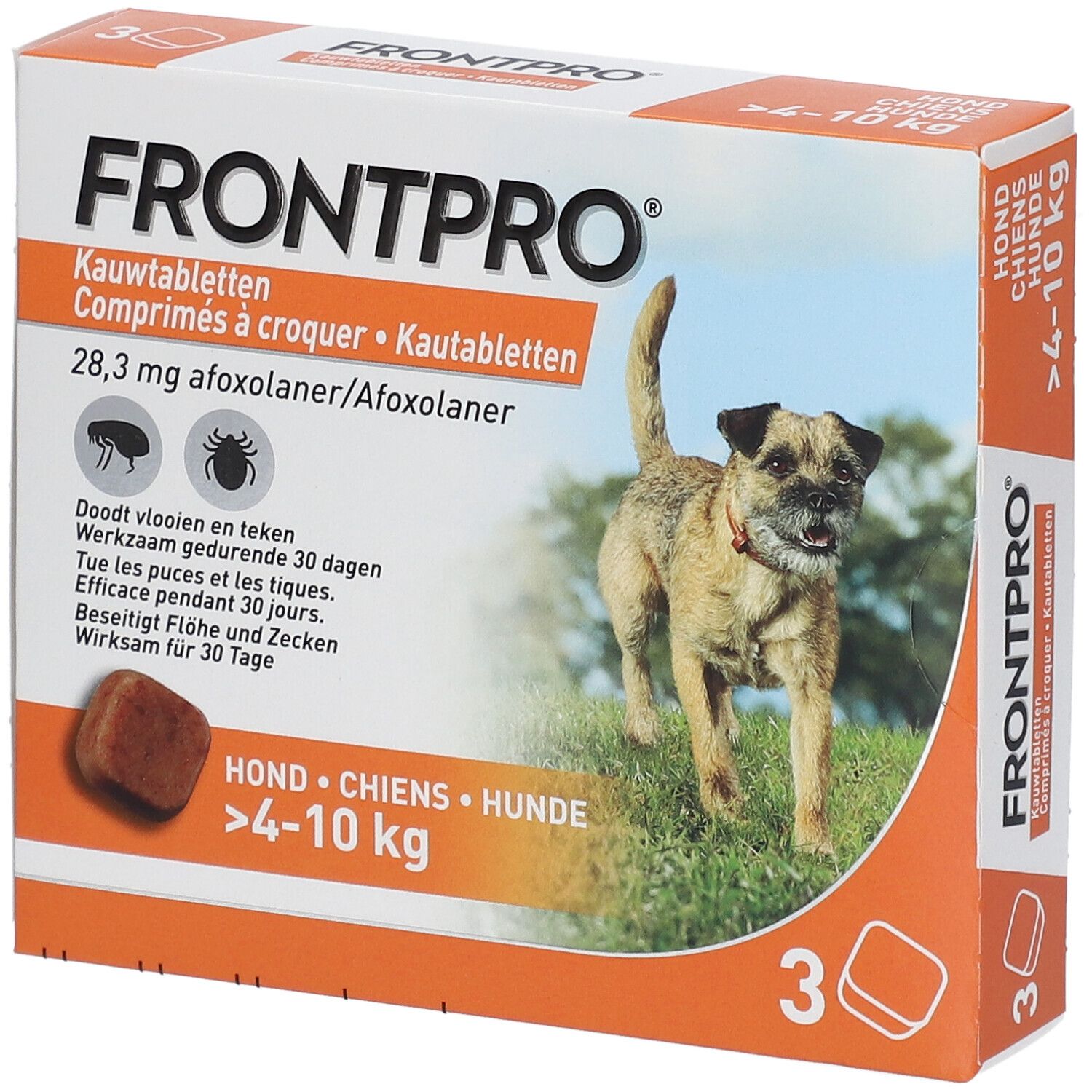 Doosje FRONTPRO kauwtabletten voor honden 4-10 kg. Bevat 3 tabletten. Afbeelding van een hond op de verpakking.