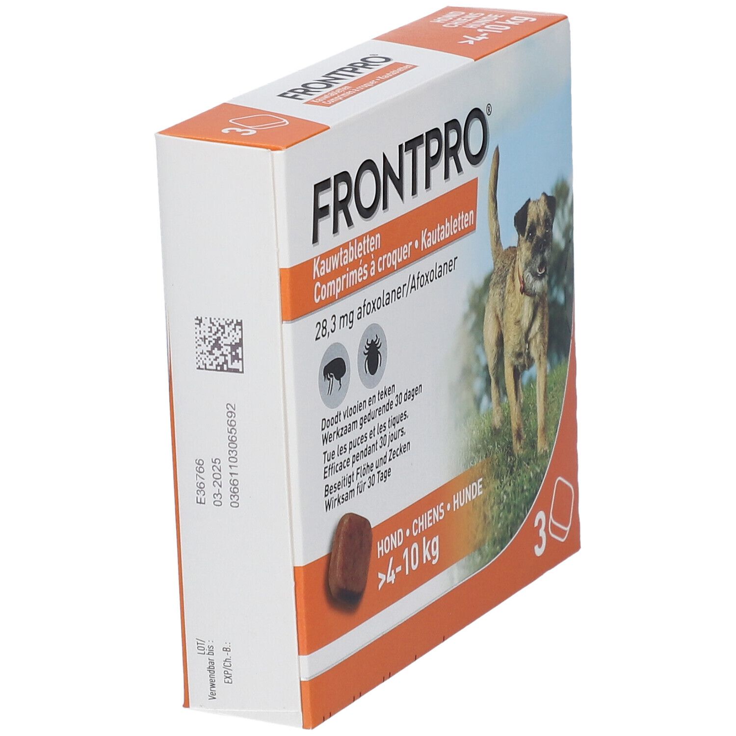 Doosje FRONTPRO kauwtabletten voor honden 4-10 kg. 3 tabletten. Zijaanzicht. Tekst en logo duidelijk zichtbaar.