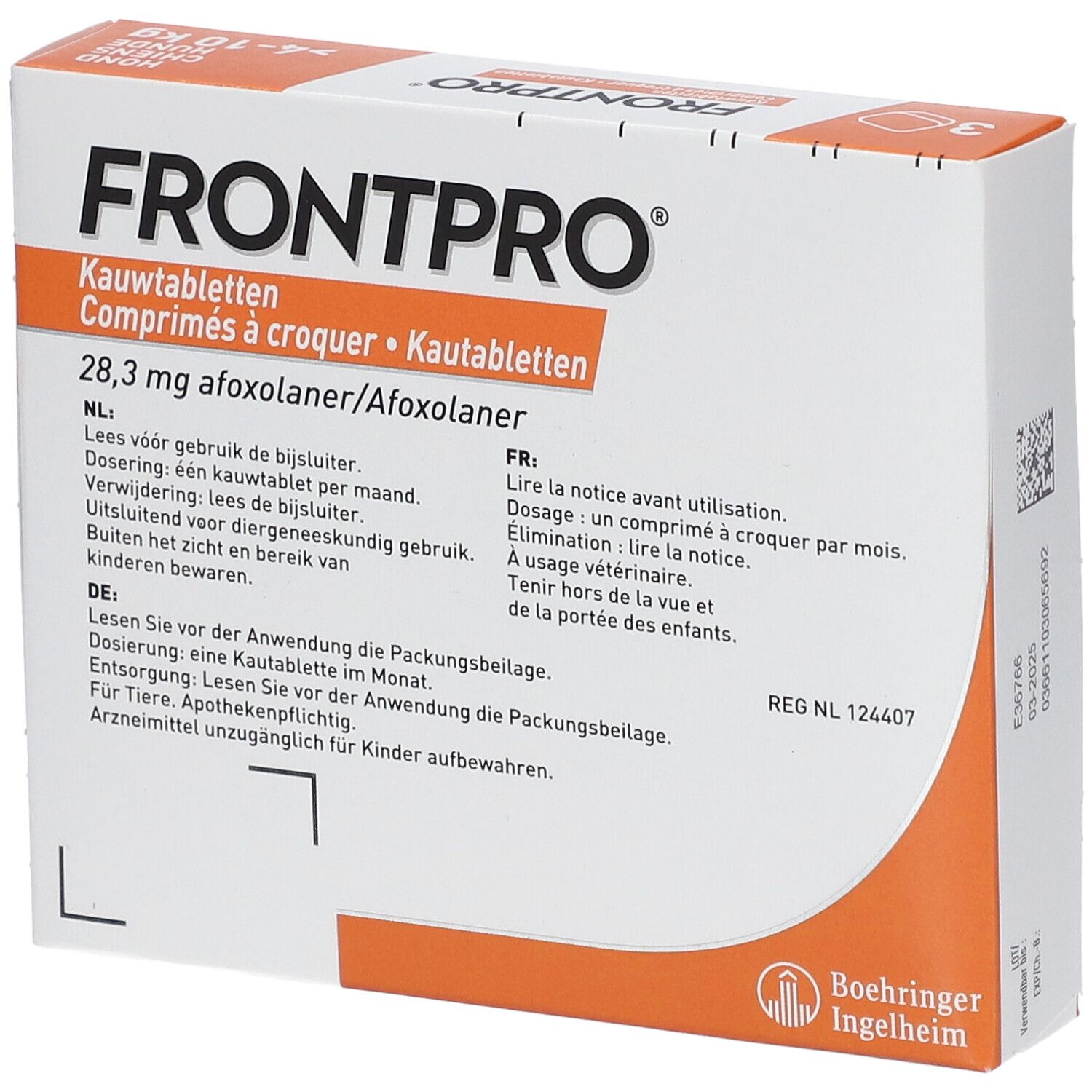 Doosje FRONTPRO kauwtabletten. Tekst in meerdere talen. Bevat 3 tabletten. Logo Boehringer Ingelheim.
