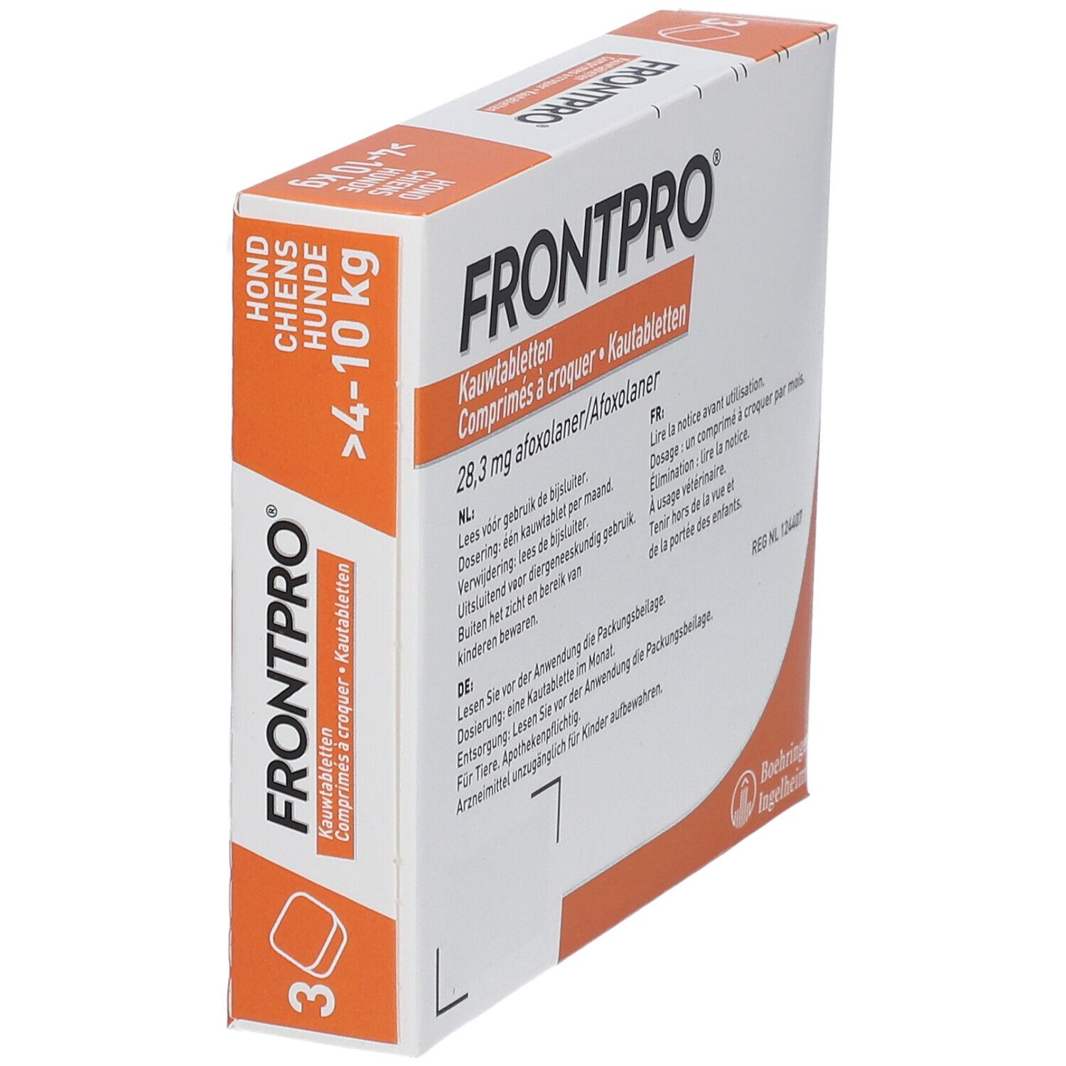 Doosje FRONTPRO kauwtabletten voor honden 4-10 kg. 3 tabletten. Zijaanzicht. Tekst en logo zichtbaar.