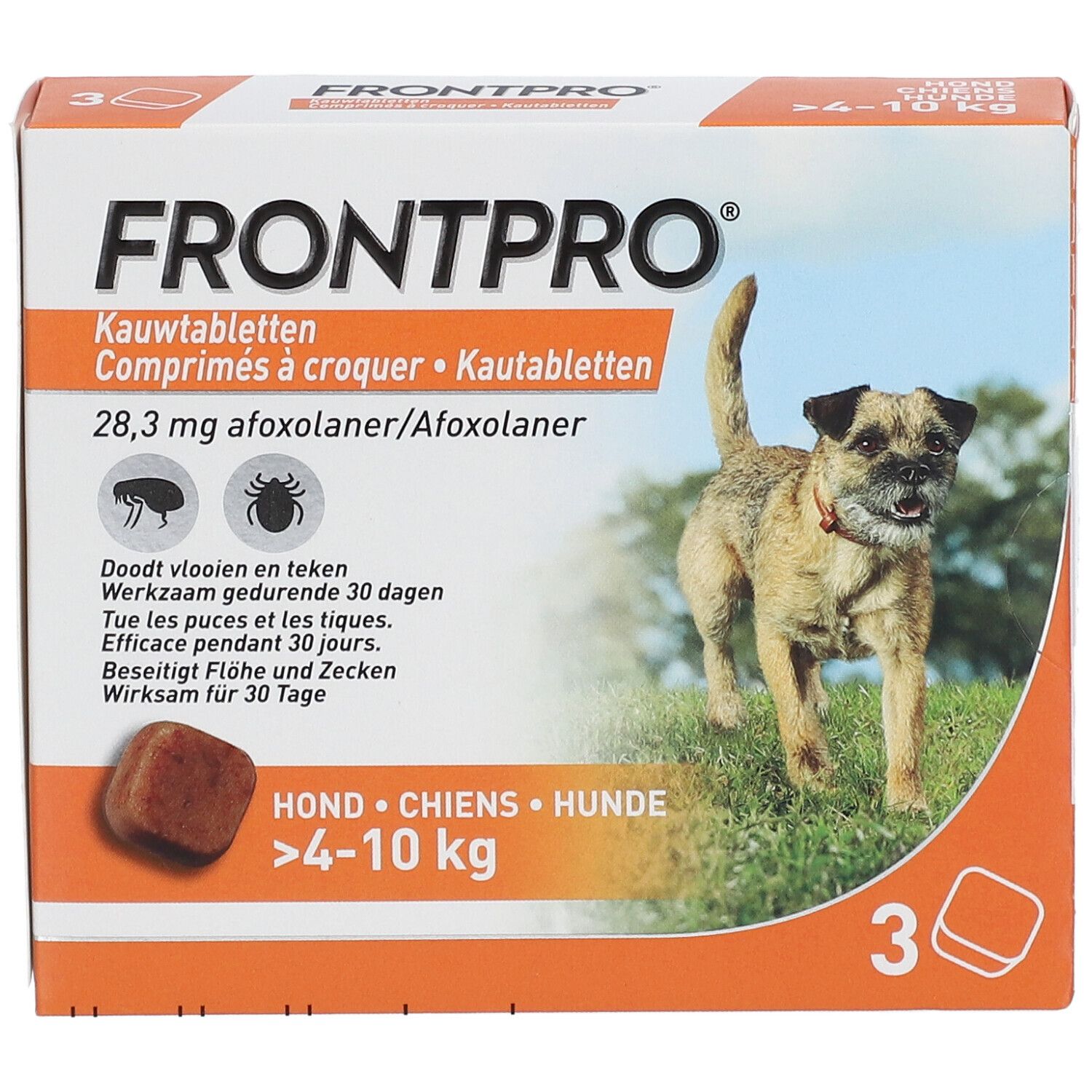 Doosje FRONTPRO kauwtabletten voor honden 4-10 kg. 3 tabletten. Hond op de verpakking.