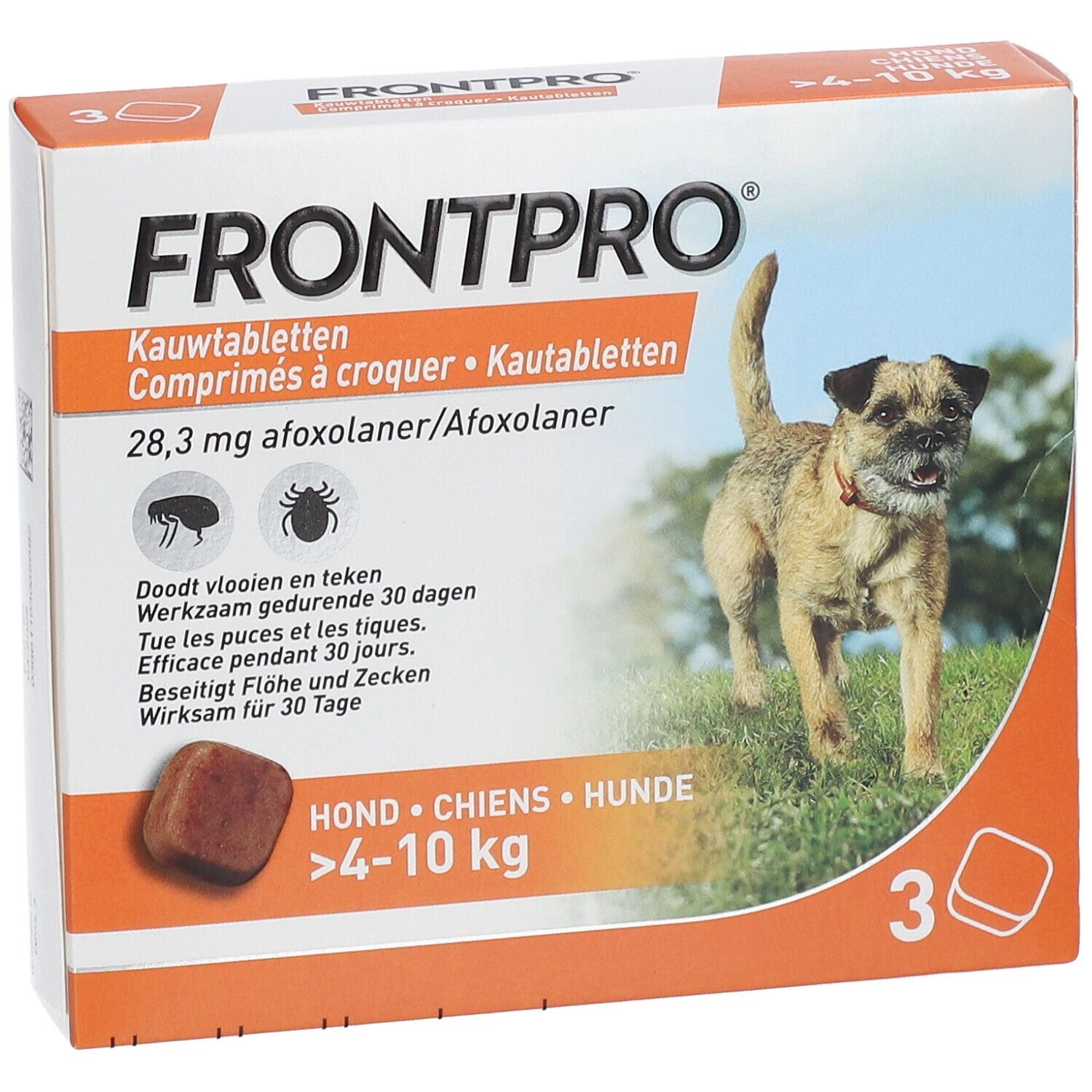 Doosje FRONTPRO kauwtabletten voor honden 4-10 kg. 3 tabletten. Hond op de verpakking.