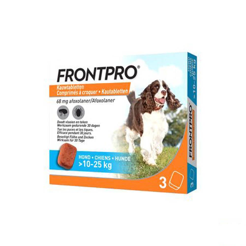 FRONTPRO® verpakking. Tekst in het Nederlands. Bevat kauwtabletten. Voor honden 10-25 kg. Met hond op de verpakking.