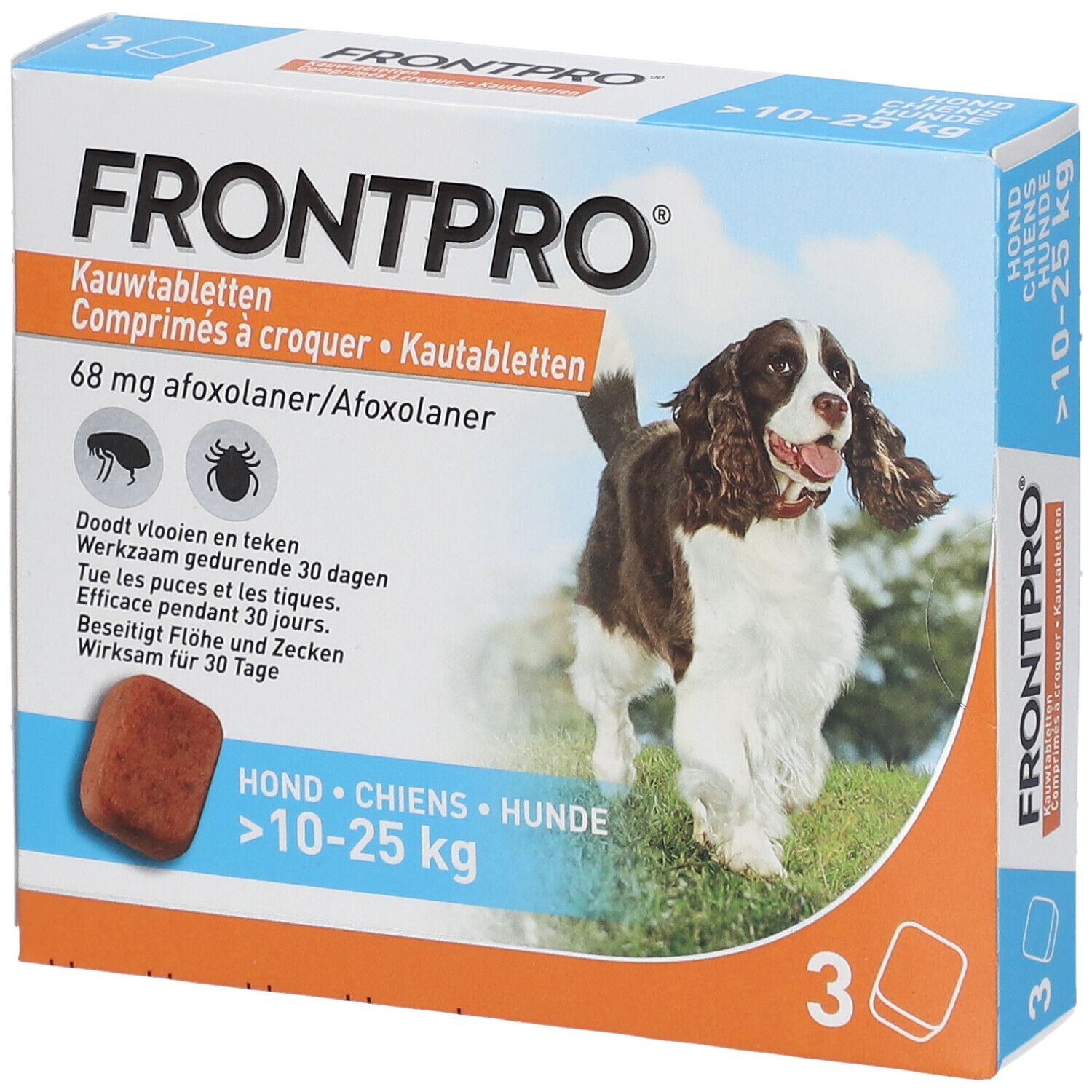 Verpakking FRONTPRO® kauwtabletten. Bevat 3 tabletten. Voor honden 10-25 kg. Afbeelding van een hond op de verpakking.