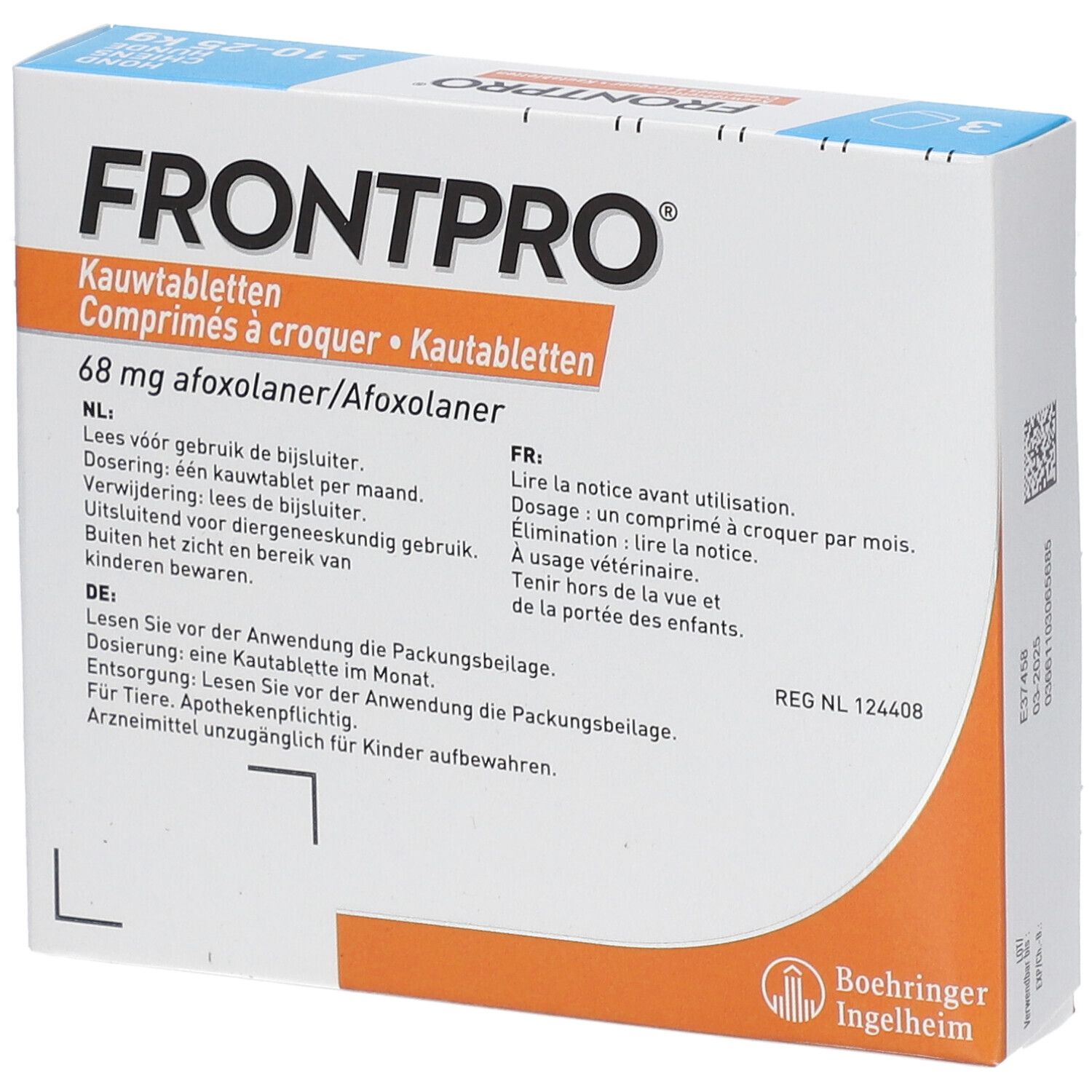 FRONTPRO® verpakking. Bevat kauwtabletten. Tekst in het Duits, Nederlands en Frans. Logo Boehringer Ingelheim.