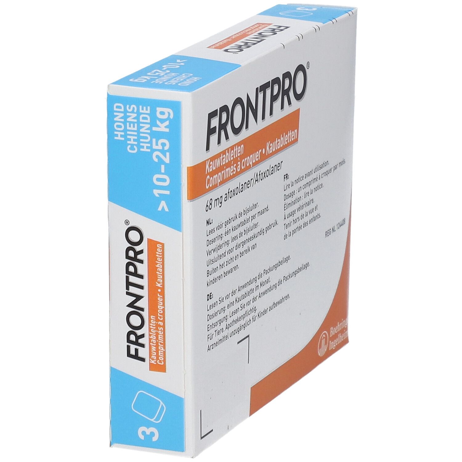 Schuine weergave van de FRONTPRO® verpakking. Bevat 3 tabletten. Voor honden 10-25 kg. Met hond op de verpakking.
