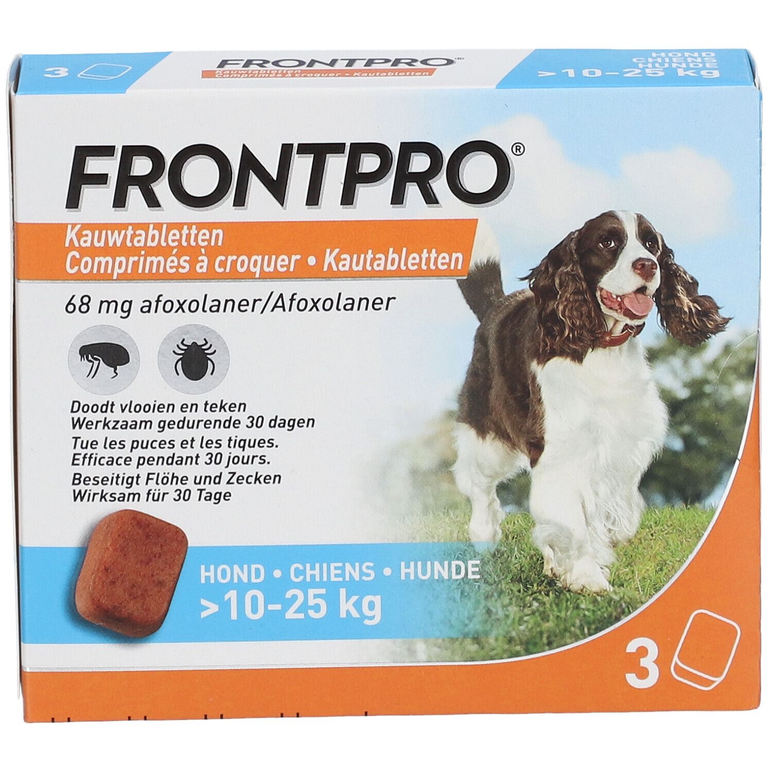 FRONTPRO® verpakking met 3 tabletten. Voor honden 10-25 kg. Met hond op de verpakking en een tablet.