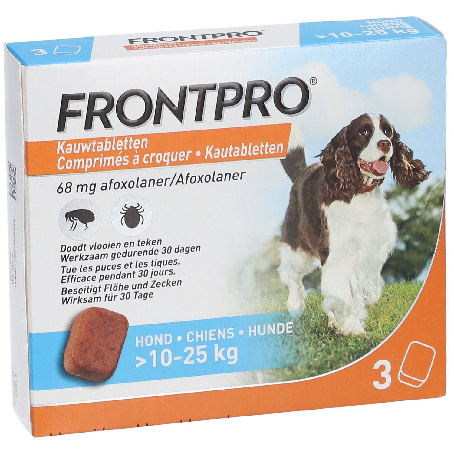FRONTPRO® verpakking met 3 tabletten. Voor honden 10-25 kg. Met hond op de verpakking en een tablet.