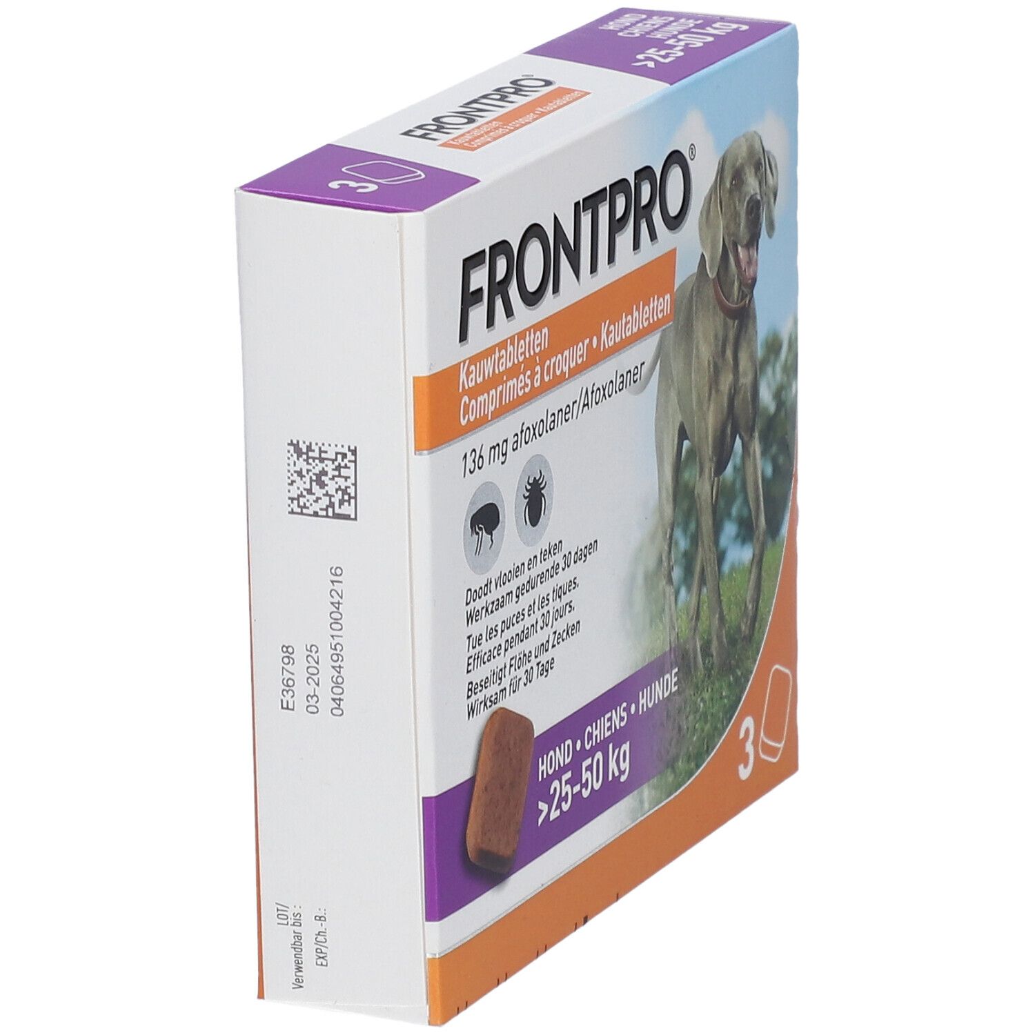 Schuine weergave van de FRONTPRO-verpakking voor honden 25-50 kg. Bevat 3 tabletten. Tekst en afbeelding van een hond.