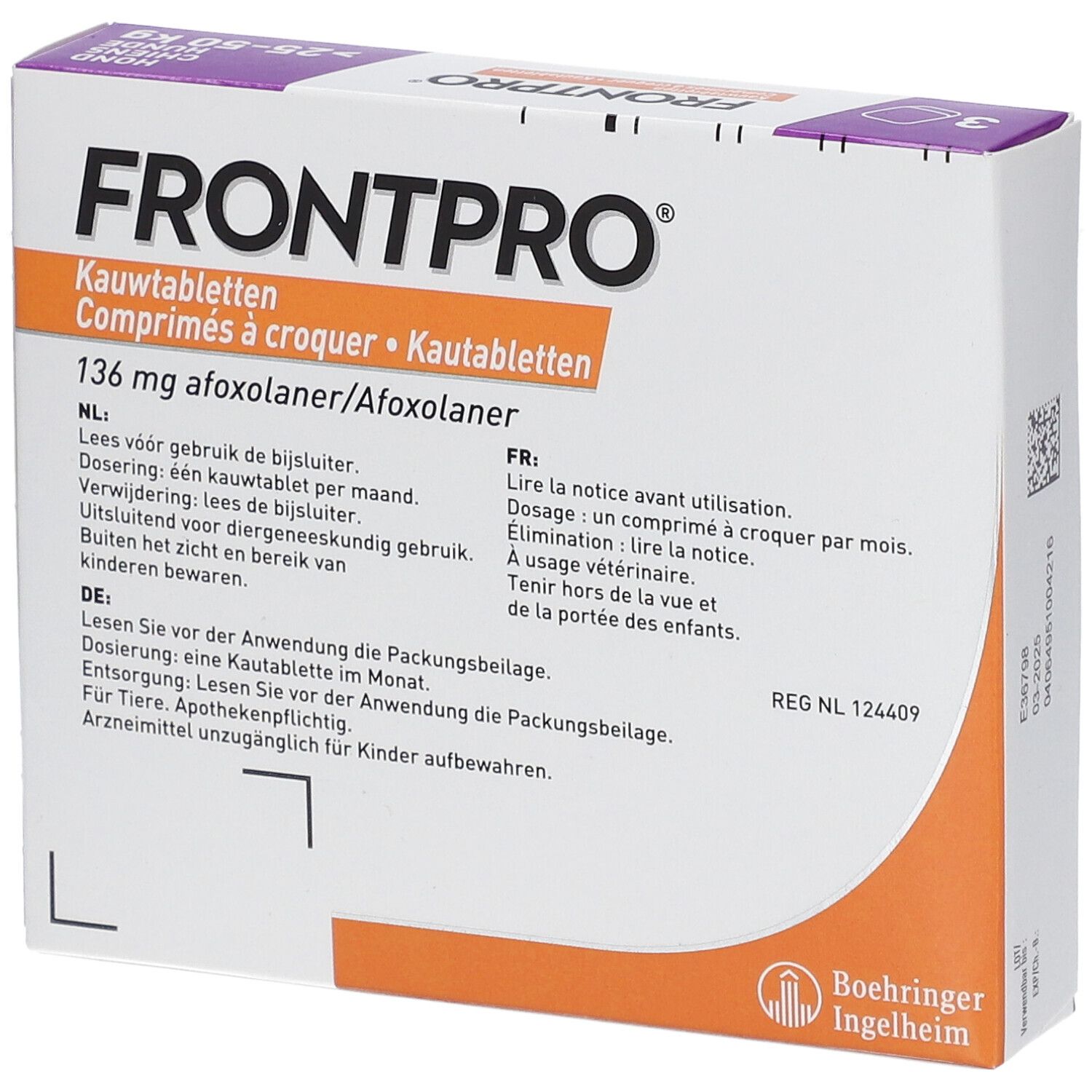 FRONTPRO-verpakking. Tekst in het Duits, Frans en Nederlands. Informatie over gebruik en dosering.