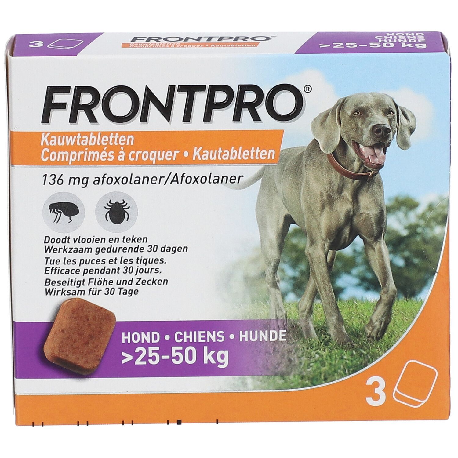 FRONTPRO-verpakking voor honden 25-50 kg. Bevat 3 tabletten. Afbeelding van een hond en een tablet.