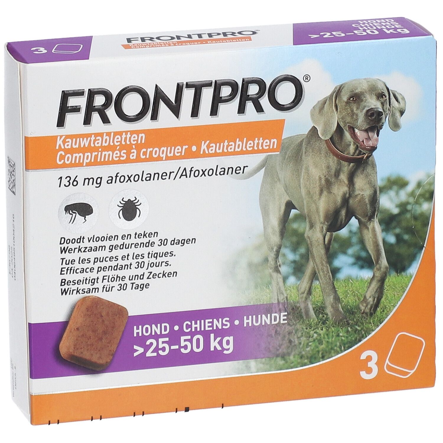FRONTPRO-verpakking voor honden 25-50 kg. Bevat 3 tabletten. Afbeelding van een hond en een tablet.