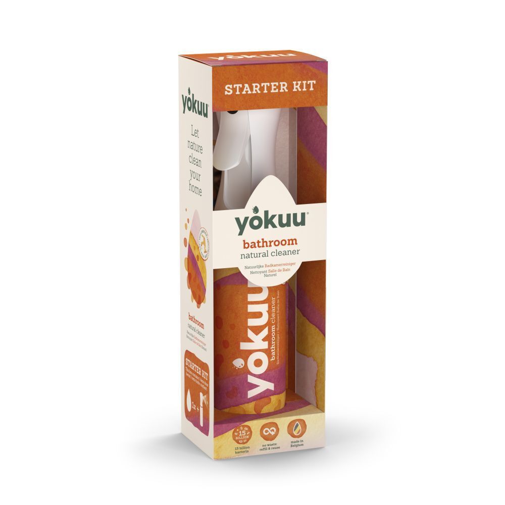 Yokuu Badreiniger Starter Kit. Enthält Sprühflasche und Reinigungsmittel. Verpackung mit Produktinformationen und Logo.