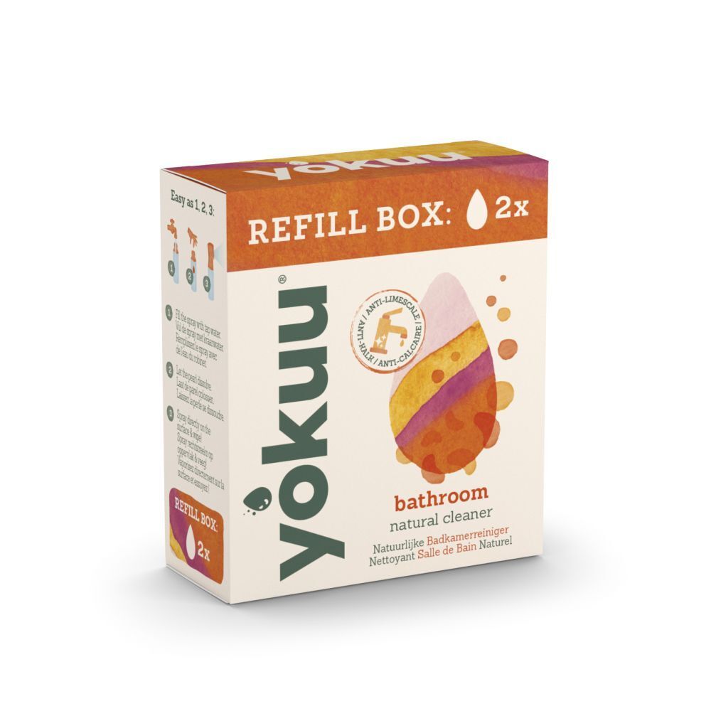 Kartonnen verpakking met productafbeelding. Opschrift: yokuu, Refill Box 2x, bathroom natural cleaner.