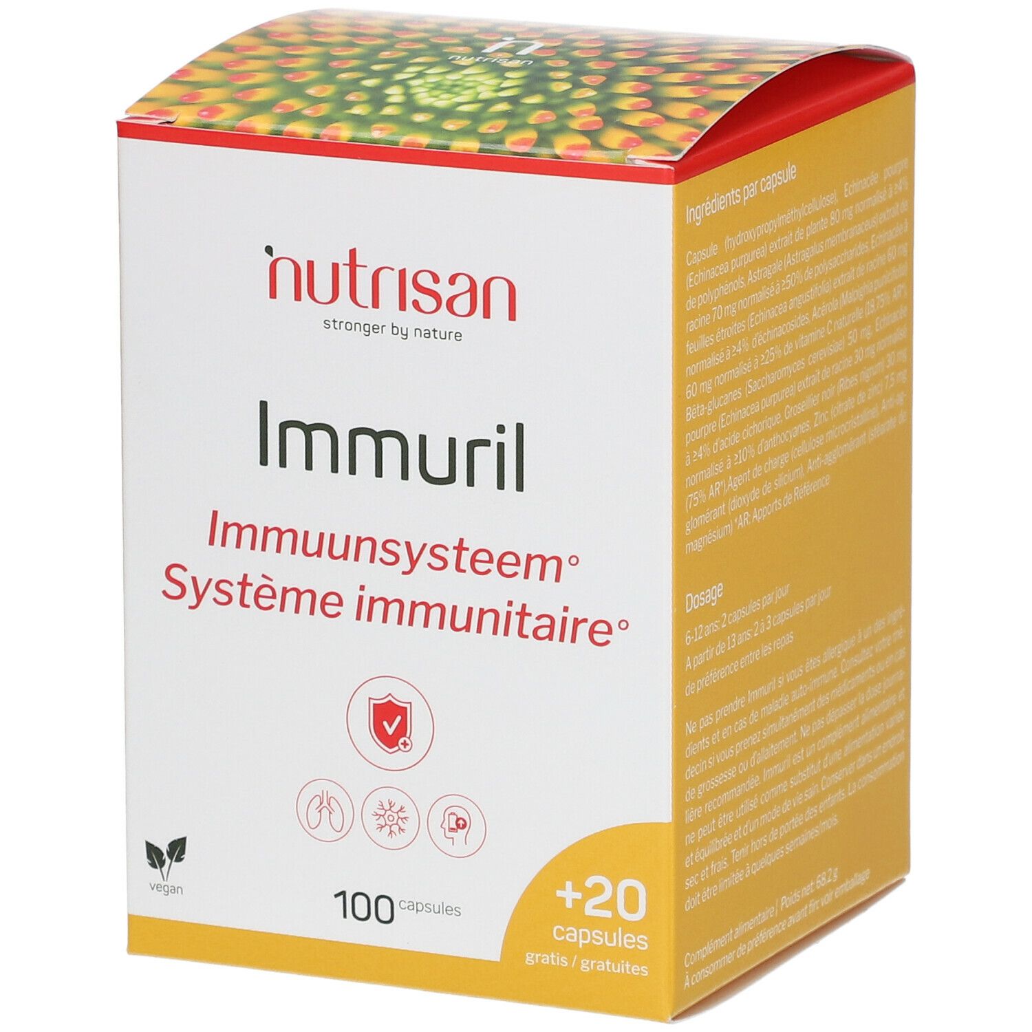 Doos Nutrisan Immuril, 100 + 20 capsules. Productnaam en logo zichtbaar. Tekst in het Nederlands en Frans.