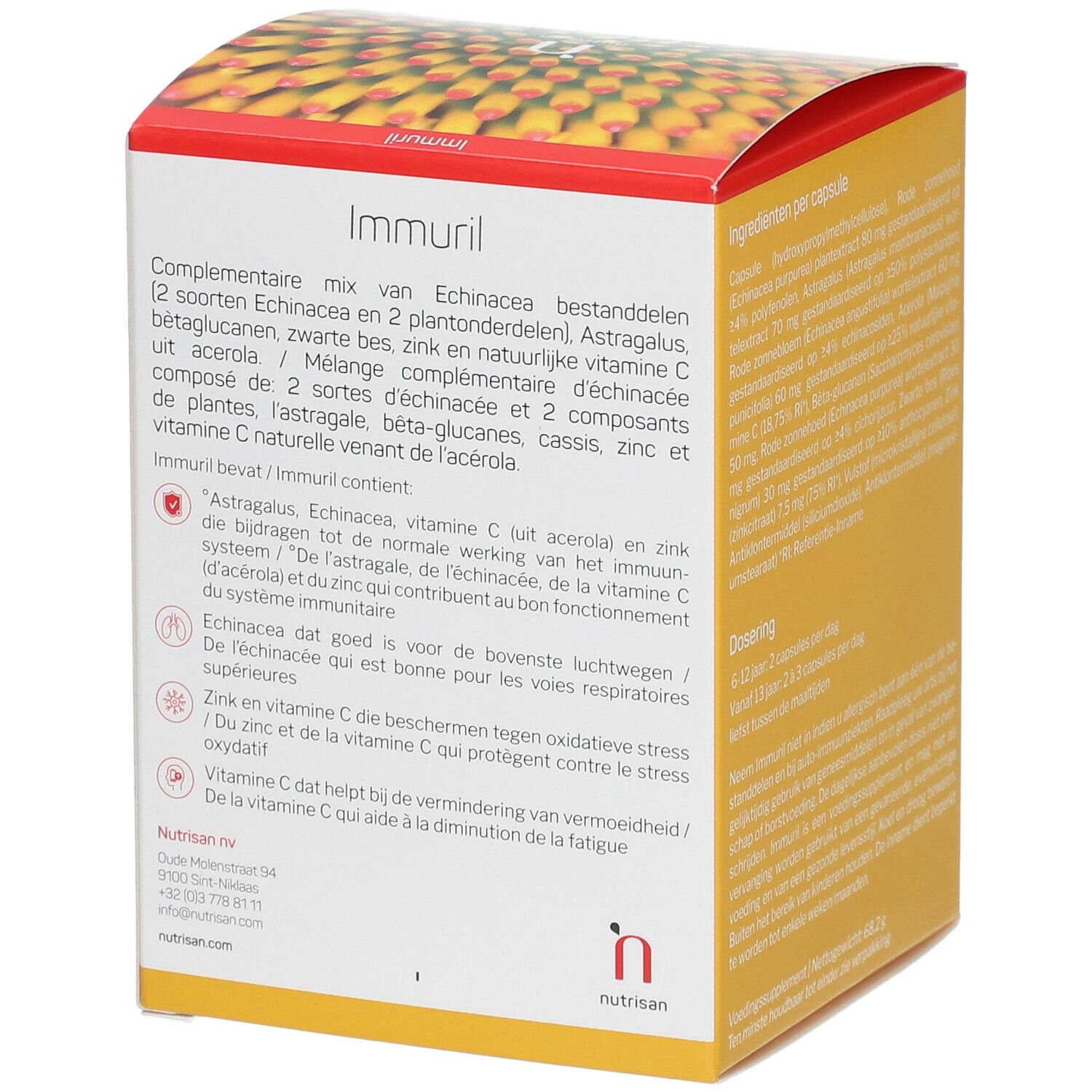 Achterkant van de Nutrisan Immuril verpakking. Samenstelling, ingrediënten en logo zichtbaar. Tekst in het Nederlands.